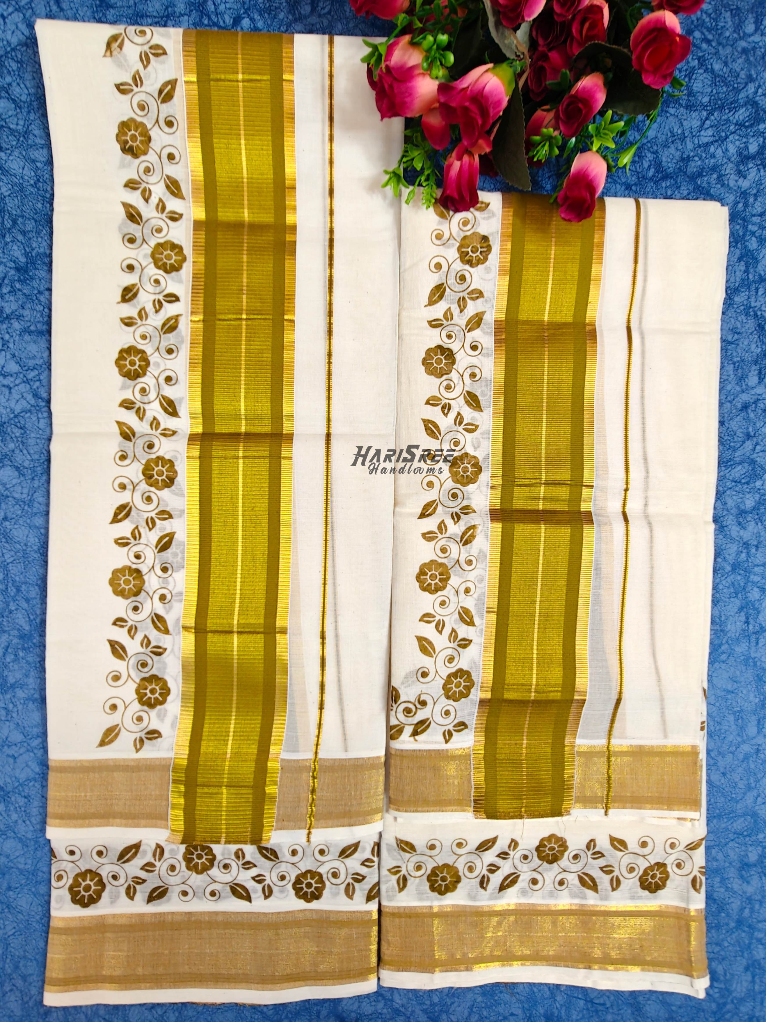 Premium Kerala Set Mundu  Gold Kasavu Floral Design - HS2028 - Image 3