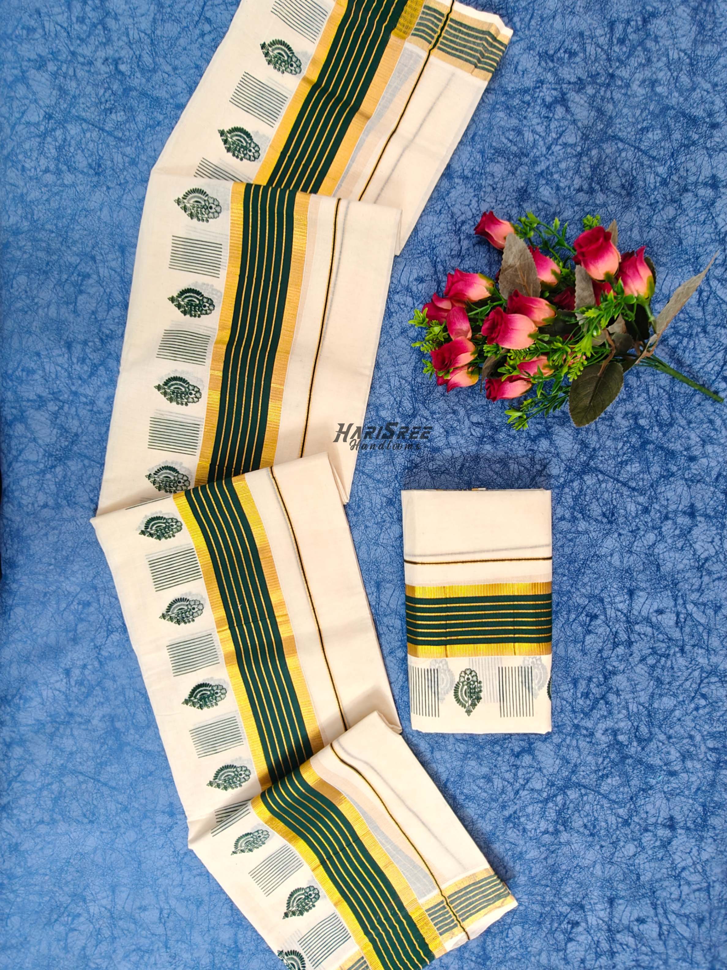 Kerala Set Mundu with Bottle Green & Gold Kasavu Border  Paisley Design - HS2029 - Image 1