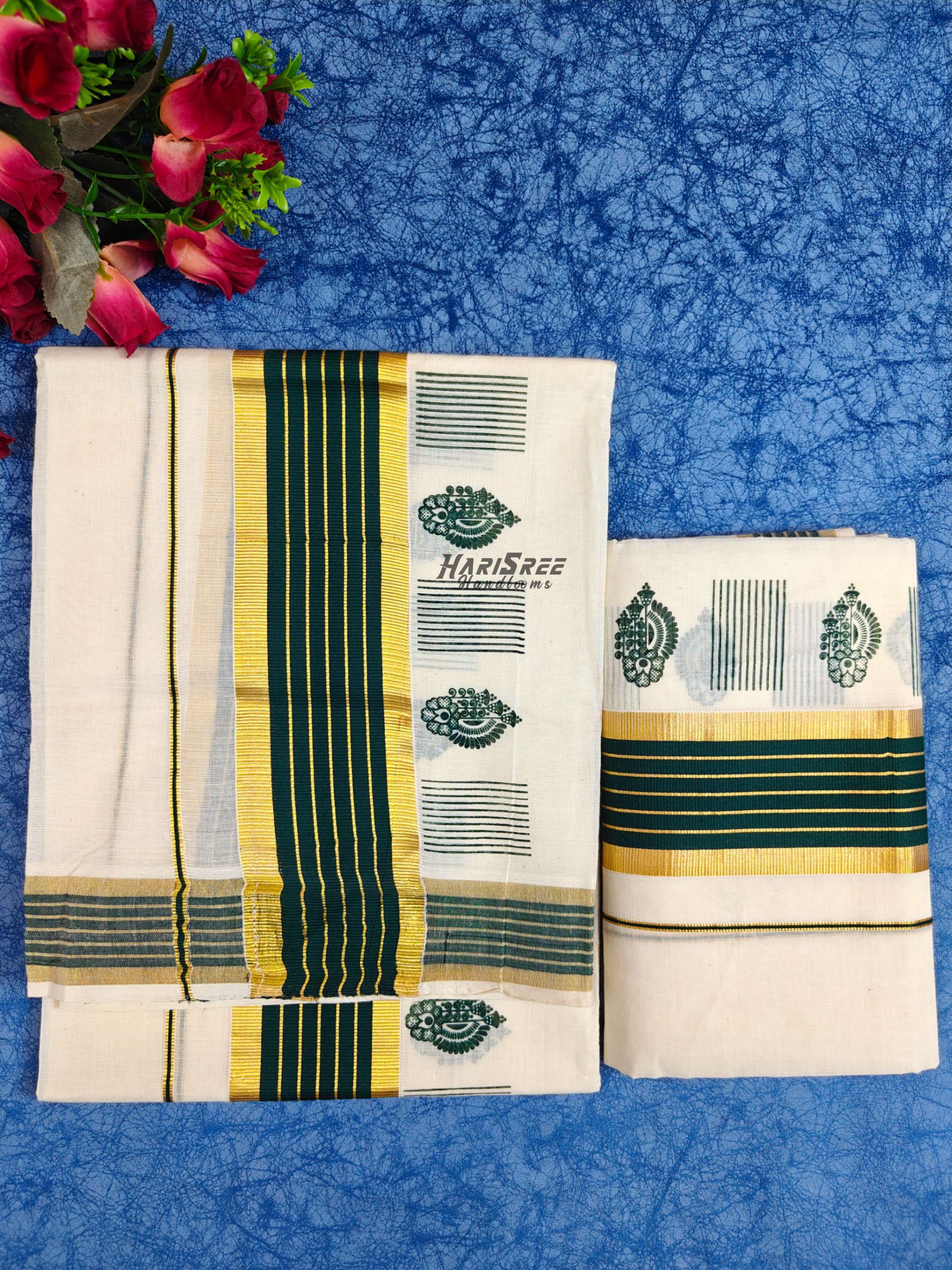 Kerala Set Mundu with Bottle Green & Gold Kasavu Border  Paisley Design - HS2029 - Image 2