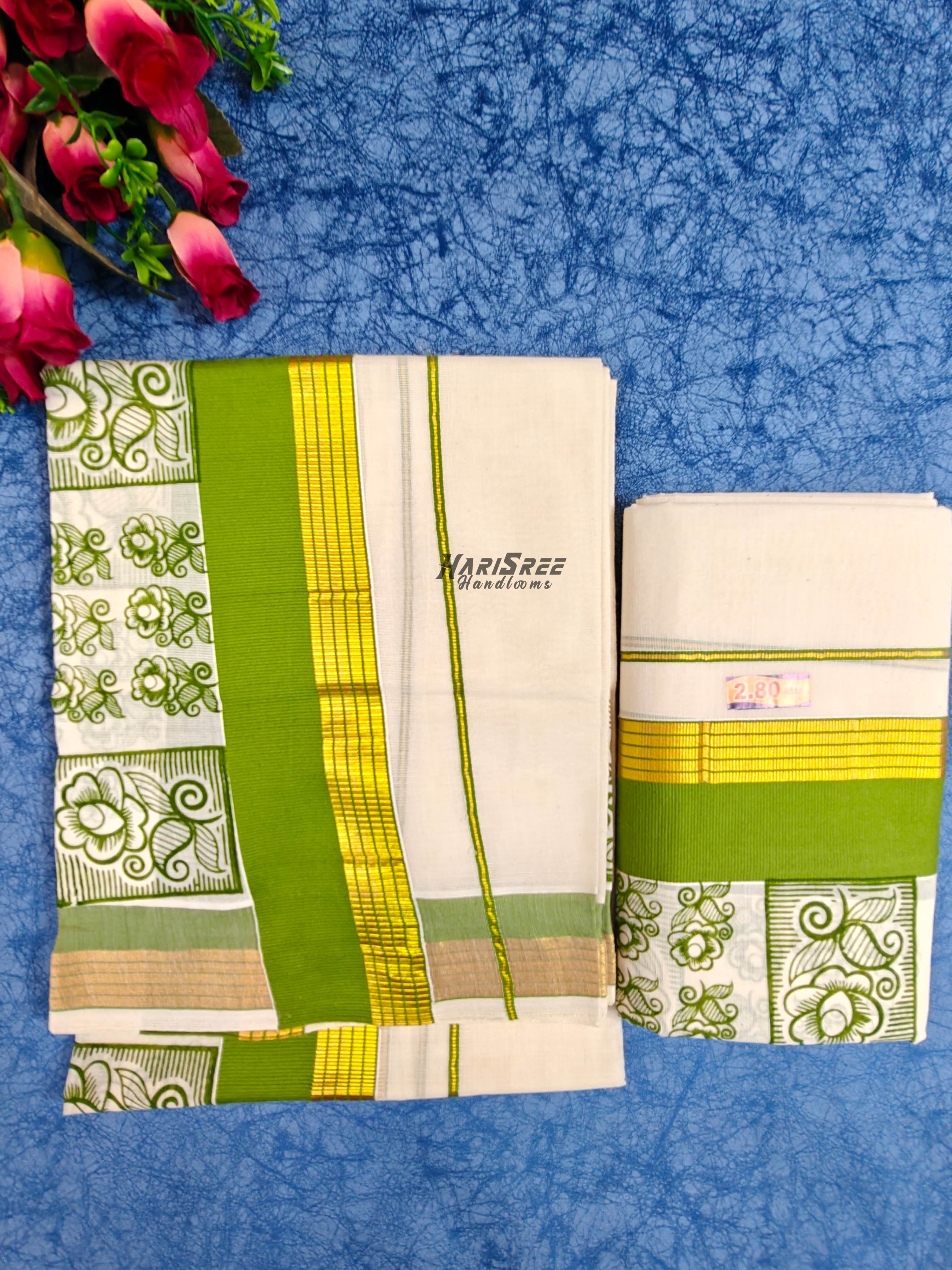 Kerala Set Mundu with Light Green & Gold Kasavu Border  Floral Print - HS2030 - Image 2