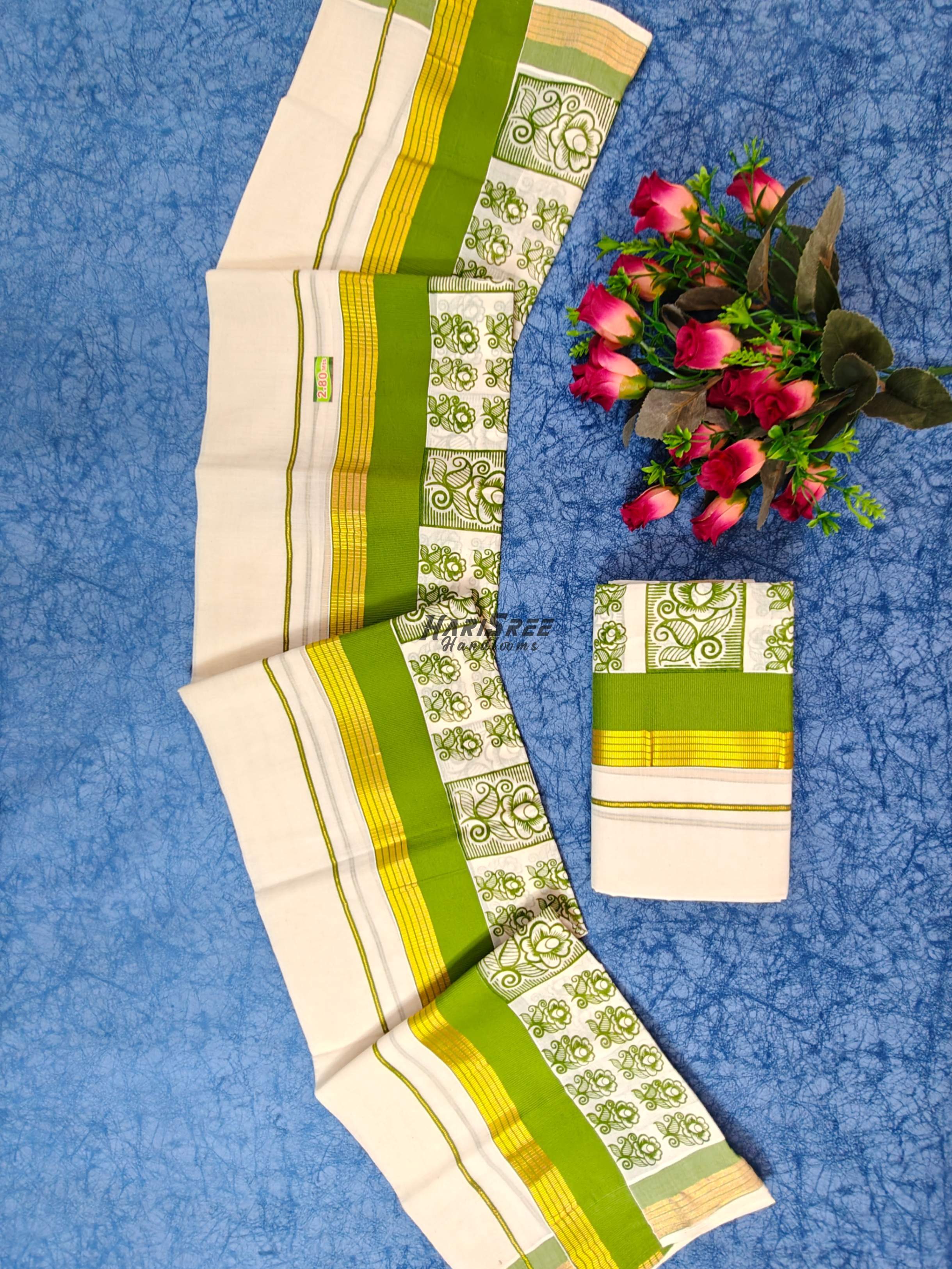 Kerala Set Mundu with Light Green & Gold Kasavu Border  Floral Print - HS2030 - Image 1
