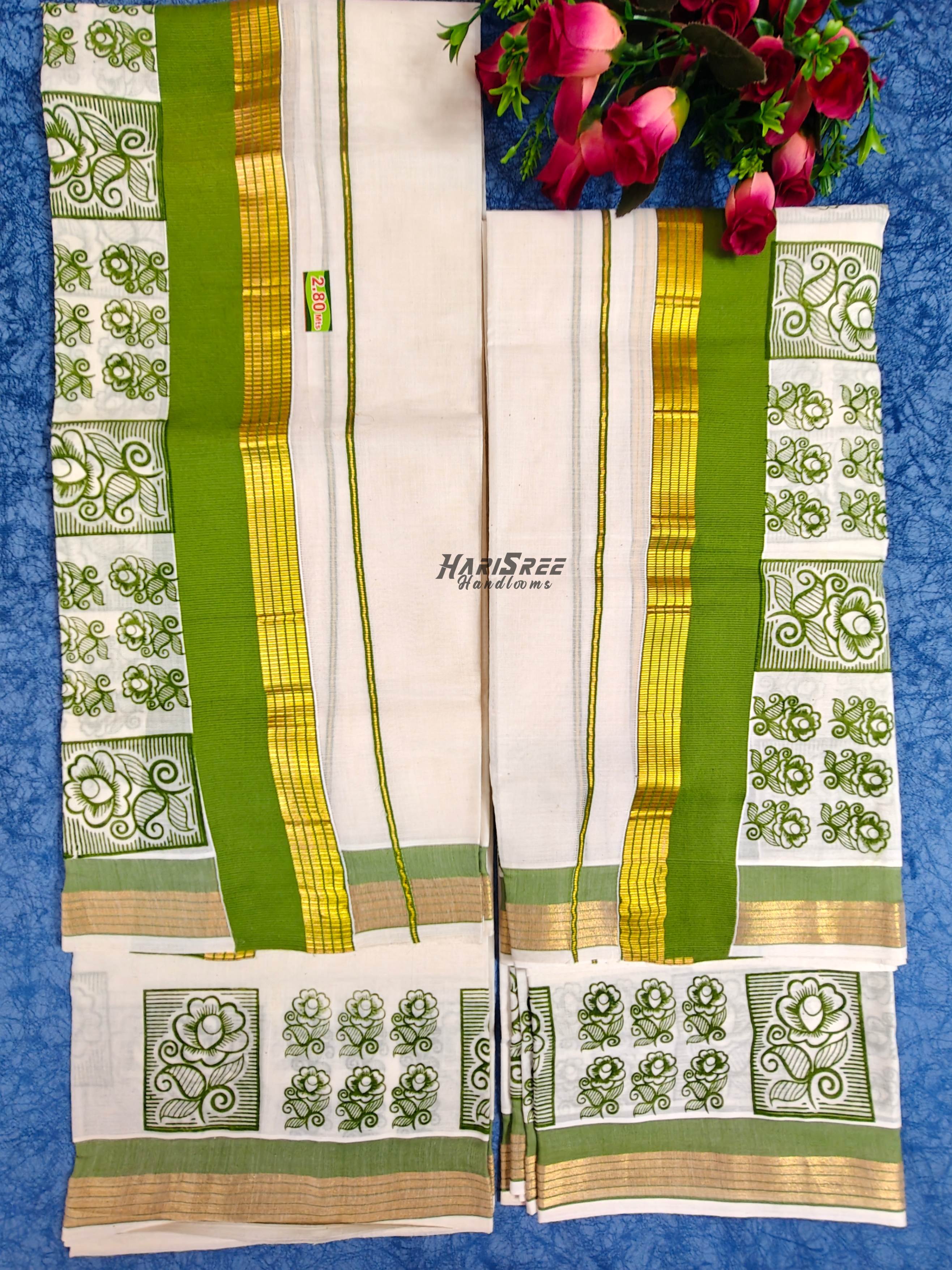 Kerala Set Mundu with Light Green & Gold Kasavu Border  Floral Print - HS2030 - Image 3