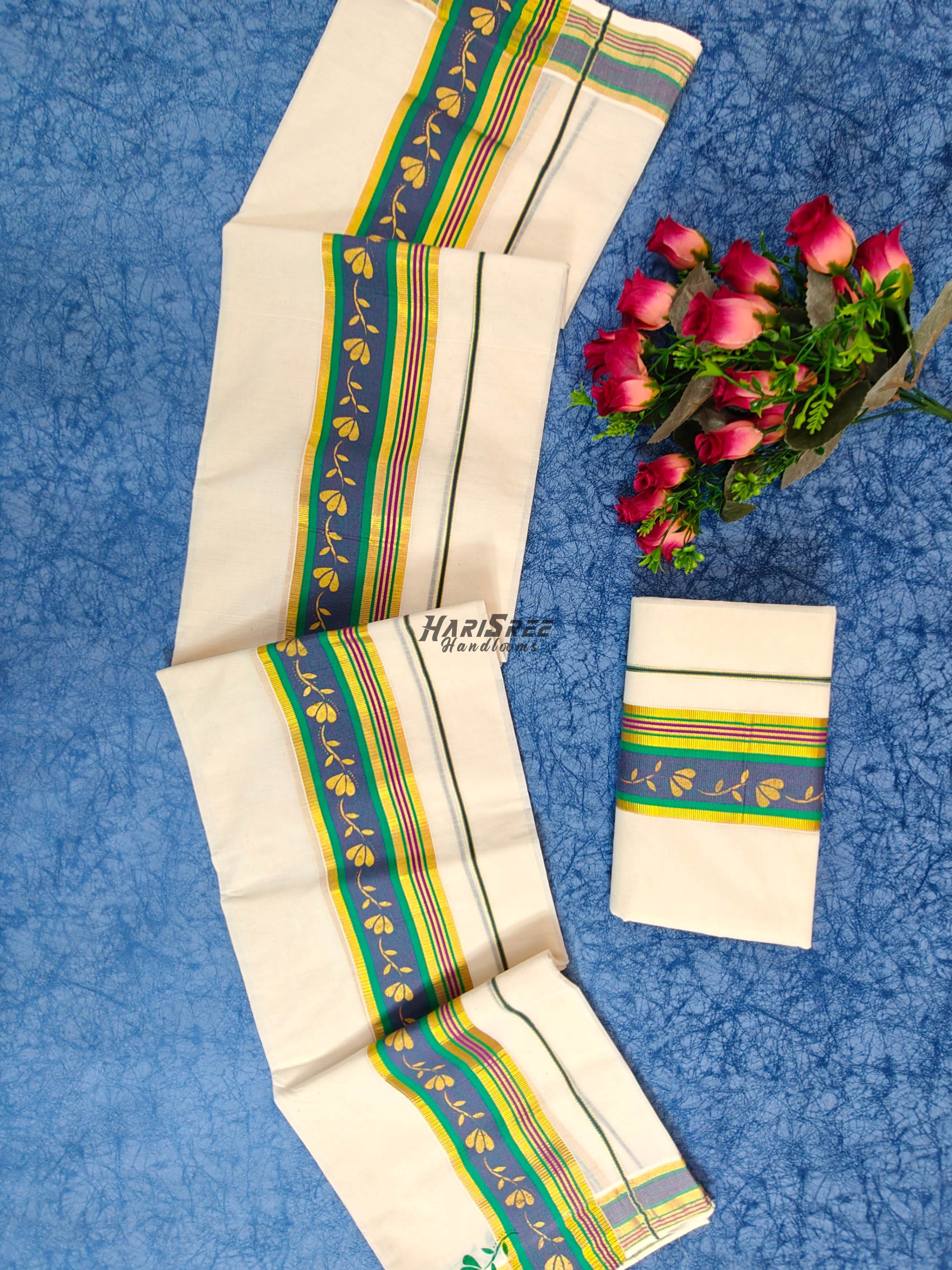  Kerala Set Mundu – Blue Green Multicolour Kasavu  Small Printed - HS2031 - Image 1