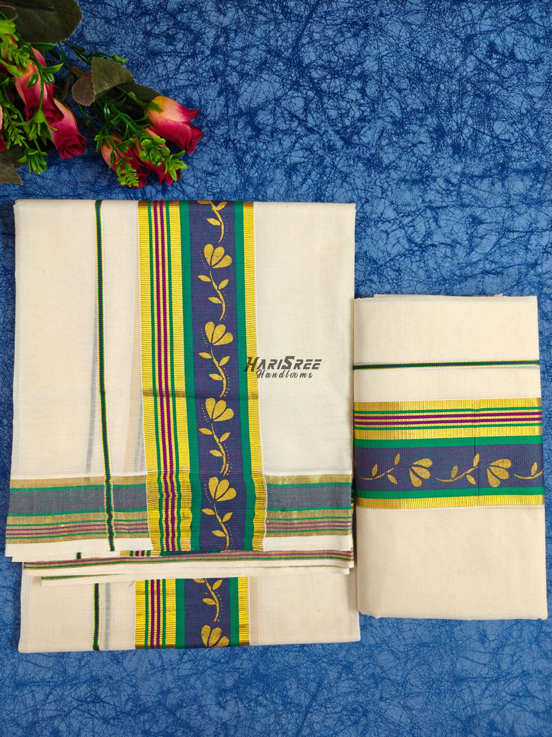  Kerala Set Mundu – Blue Green Multicolour Kasavu  Small Printed - HS2031 - Image 2