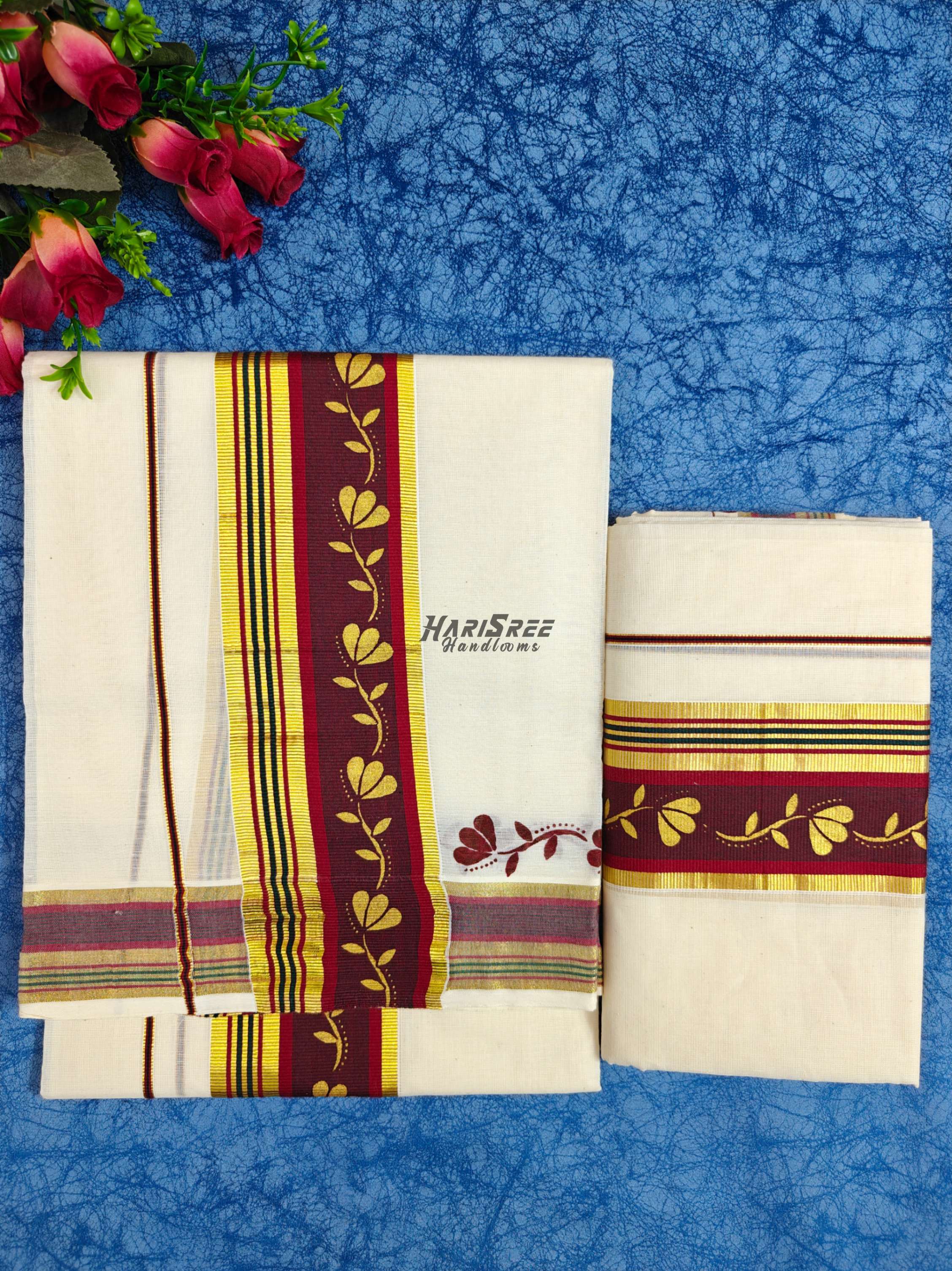 Kerala Set Mundu – Maroon Gold Border  Gold Leaf Design - HS2032 - Image 1
