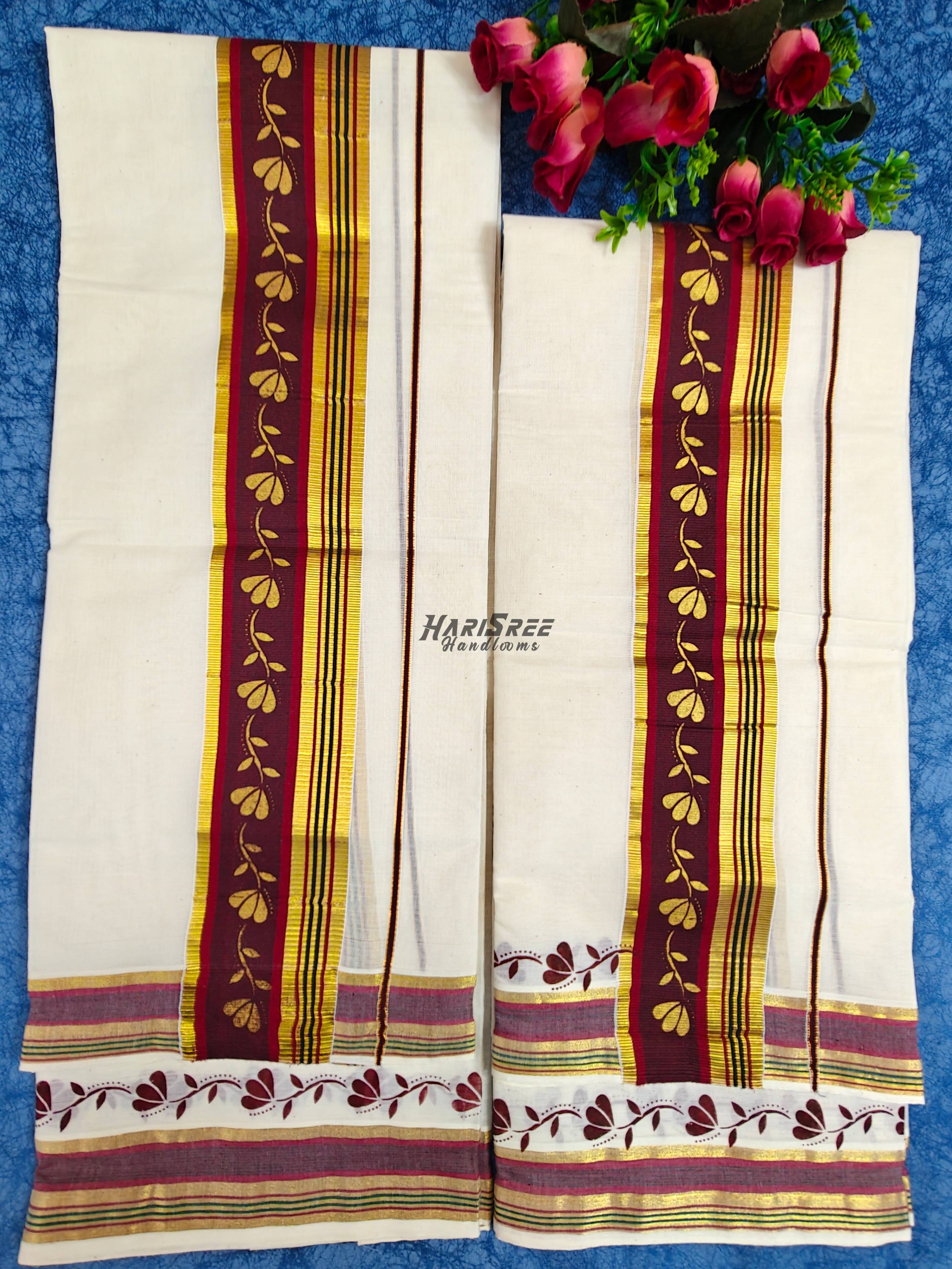 Kerala Set Mundu – Maroon Gold Border  Gold Leaf Design - HS2032 - Image 2
