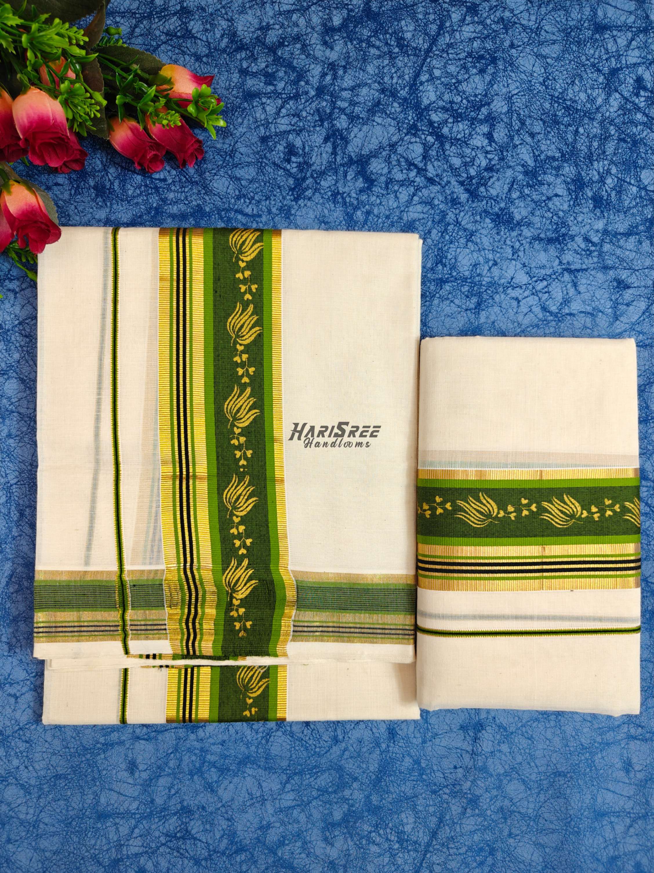 Kerala Kasavu Set Mundu with Traditional Green Design - HS2033 - Image 1