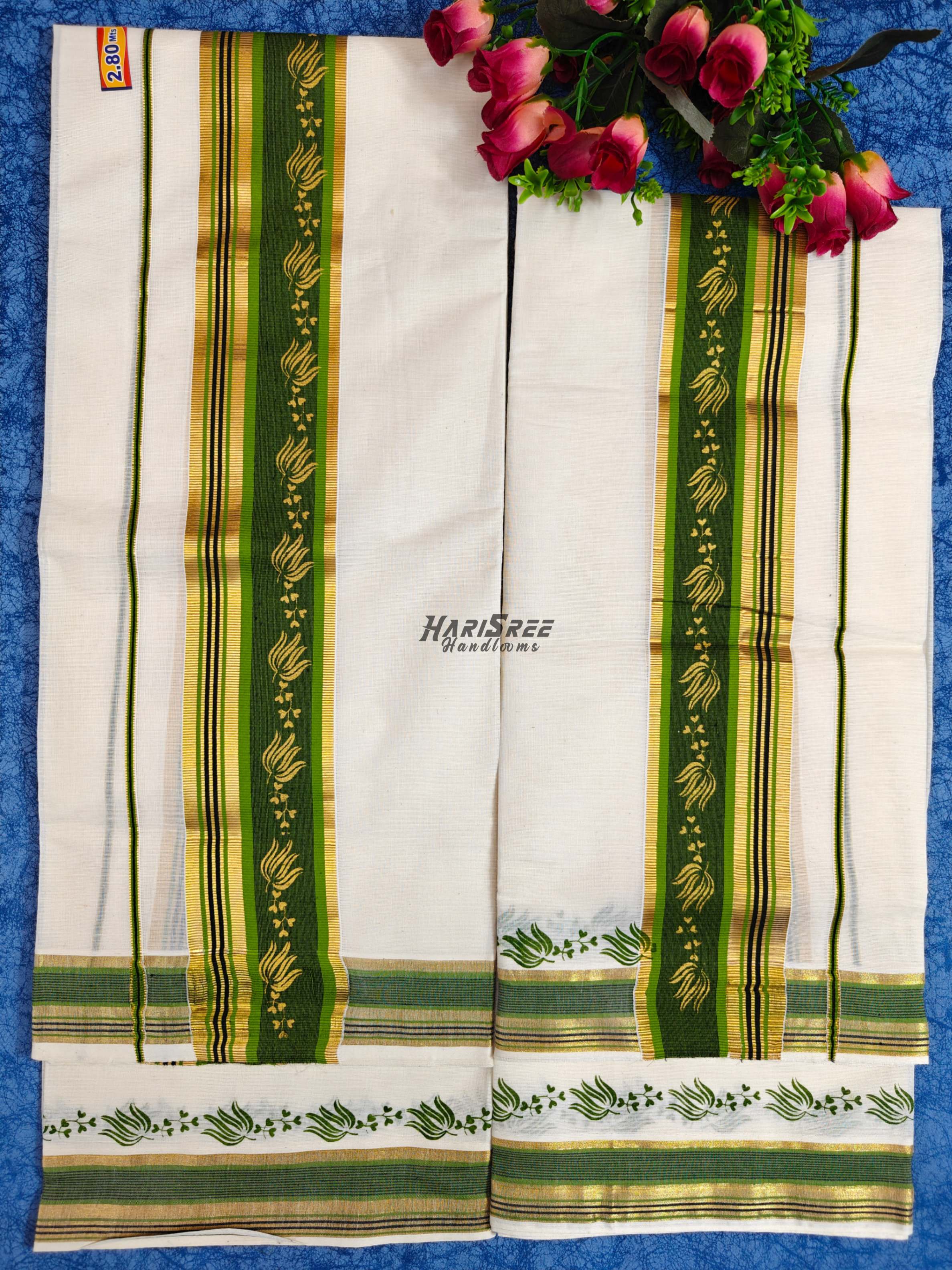Kerala Kasavu Set Mundu with Traditional Green Design - HS2033 - Image 2
