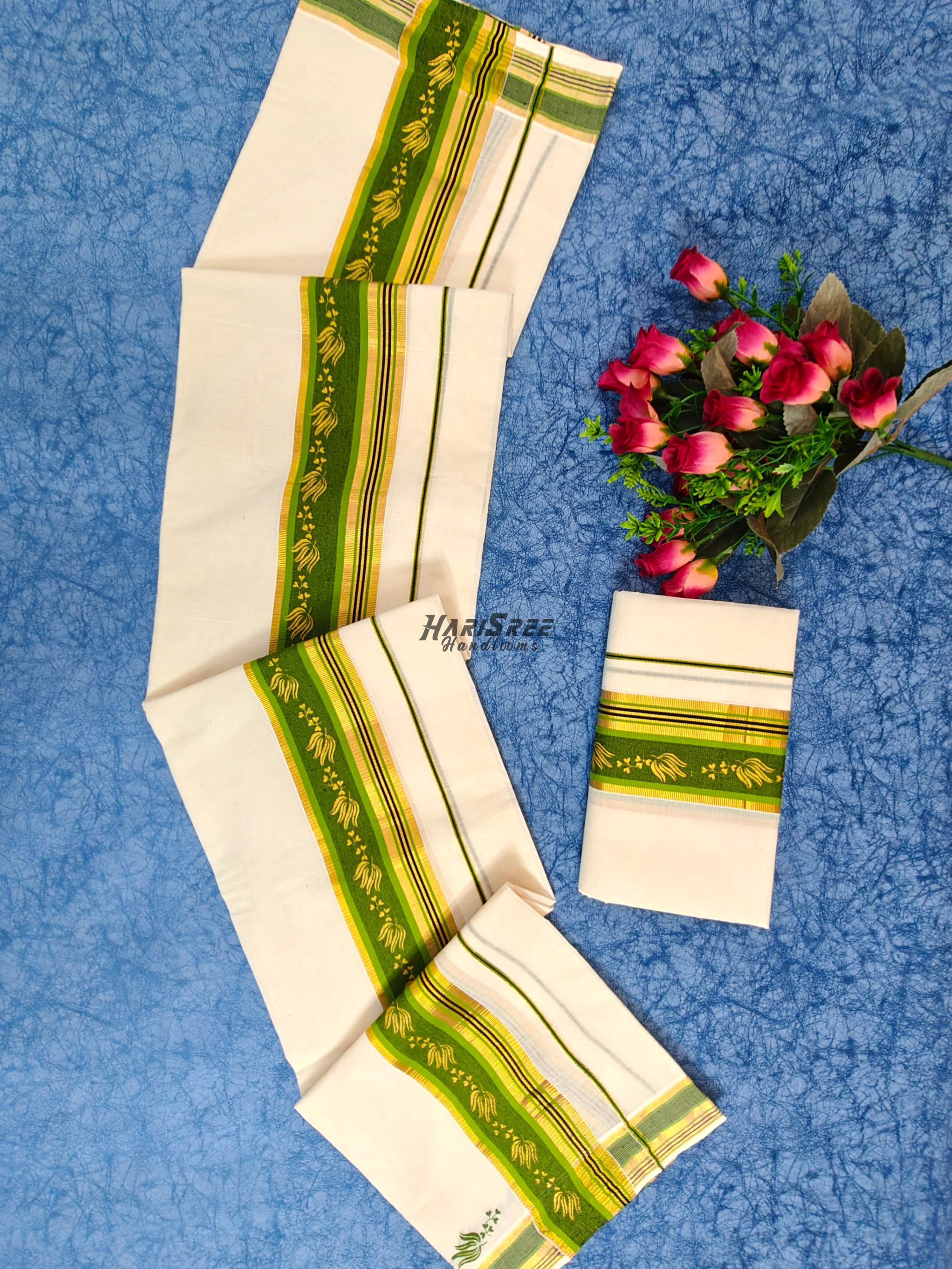 Kerala Kasavu Set Mundu with Traditional Green Design - HS2033 - Image 3