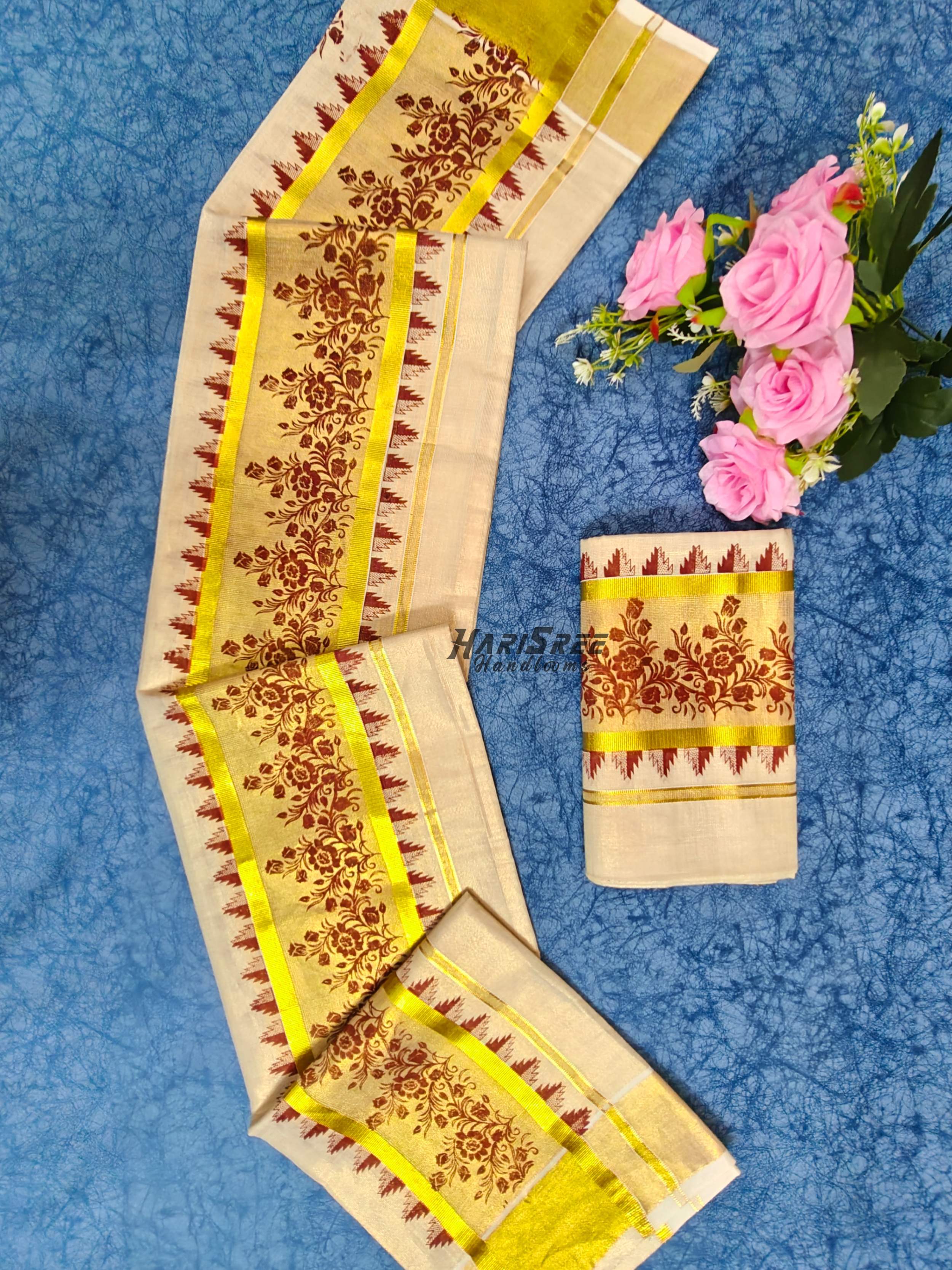 Maroon Floral Kasavu Tissue Set Mundu - HS2034 - Image 1