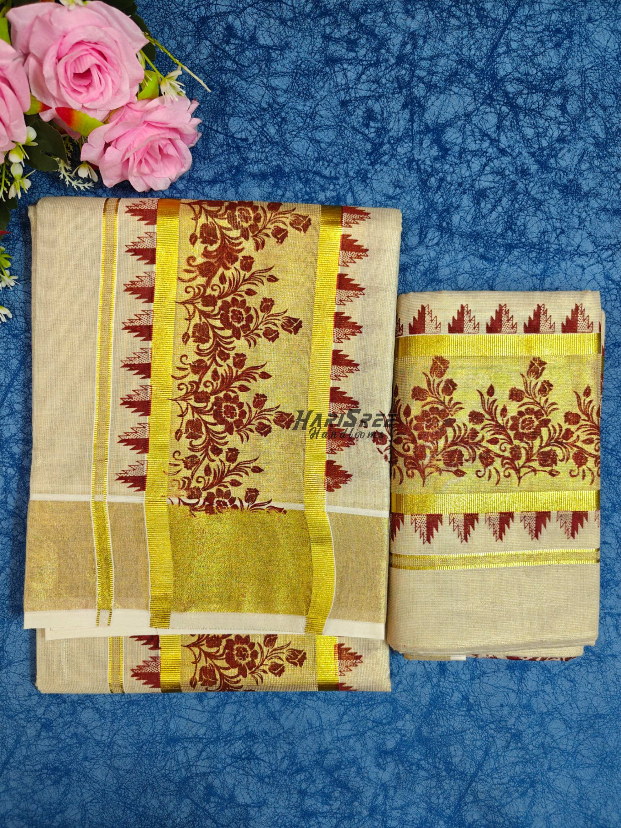Maroon Floral Kasavu Tissue Set Mundu - HS2034 - Image 2