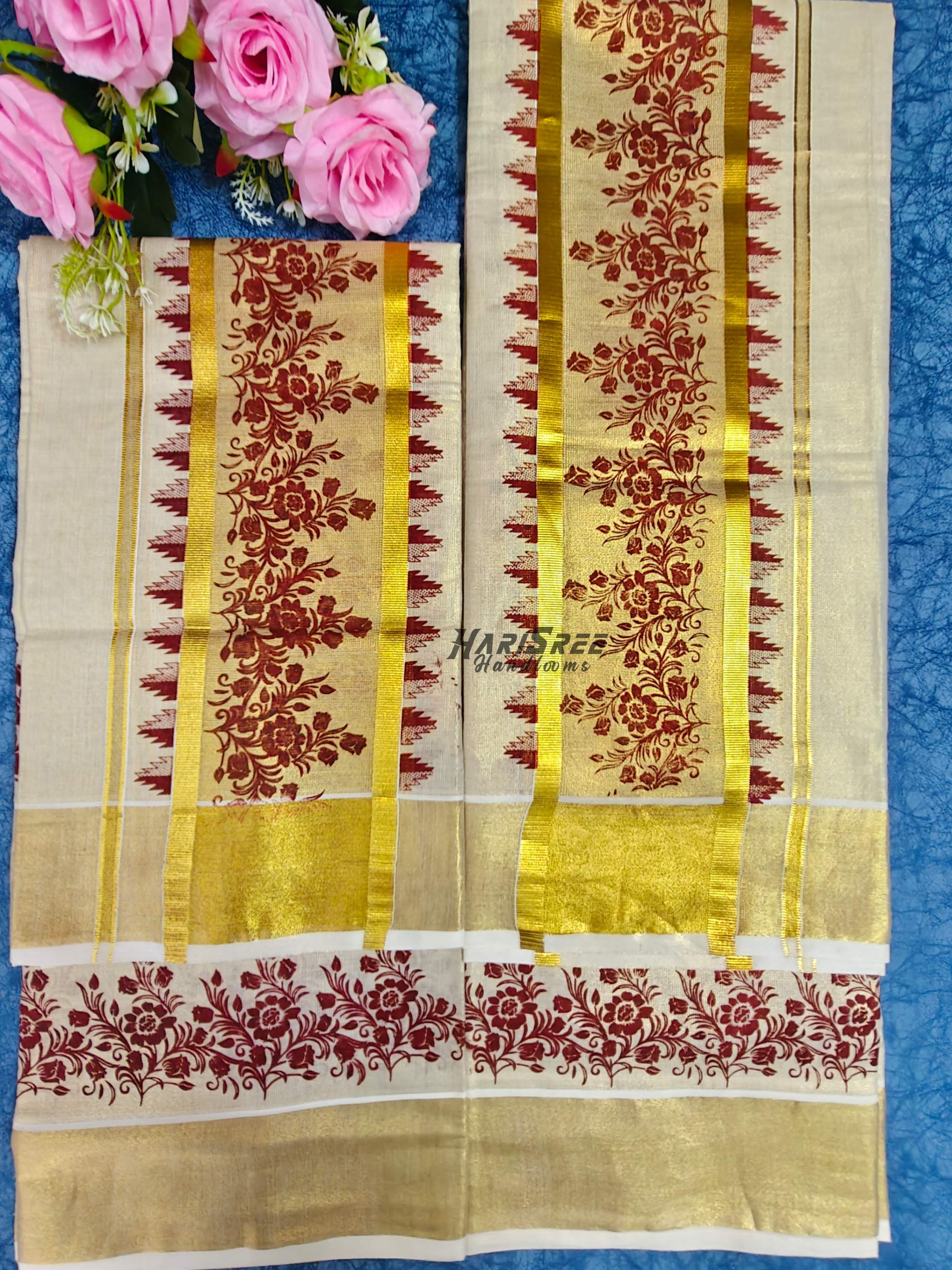 Maroon Floral Kasavu Tissue Set Mundu - HS2034 - Image 3