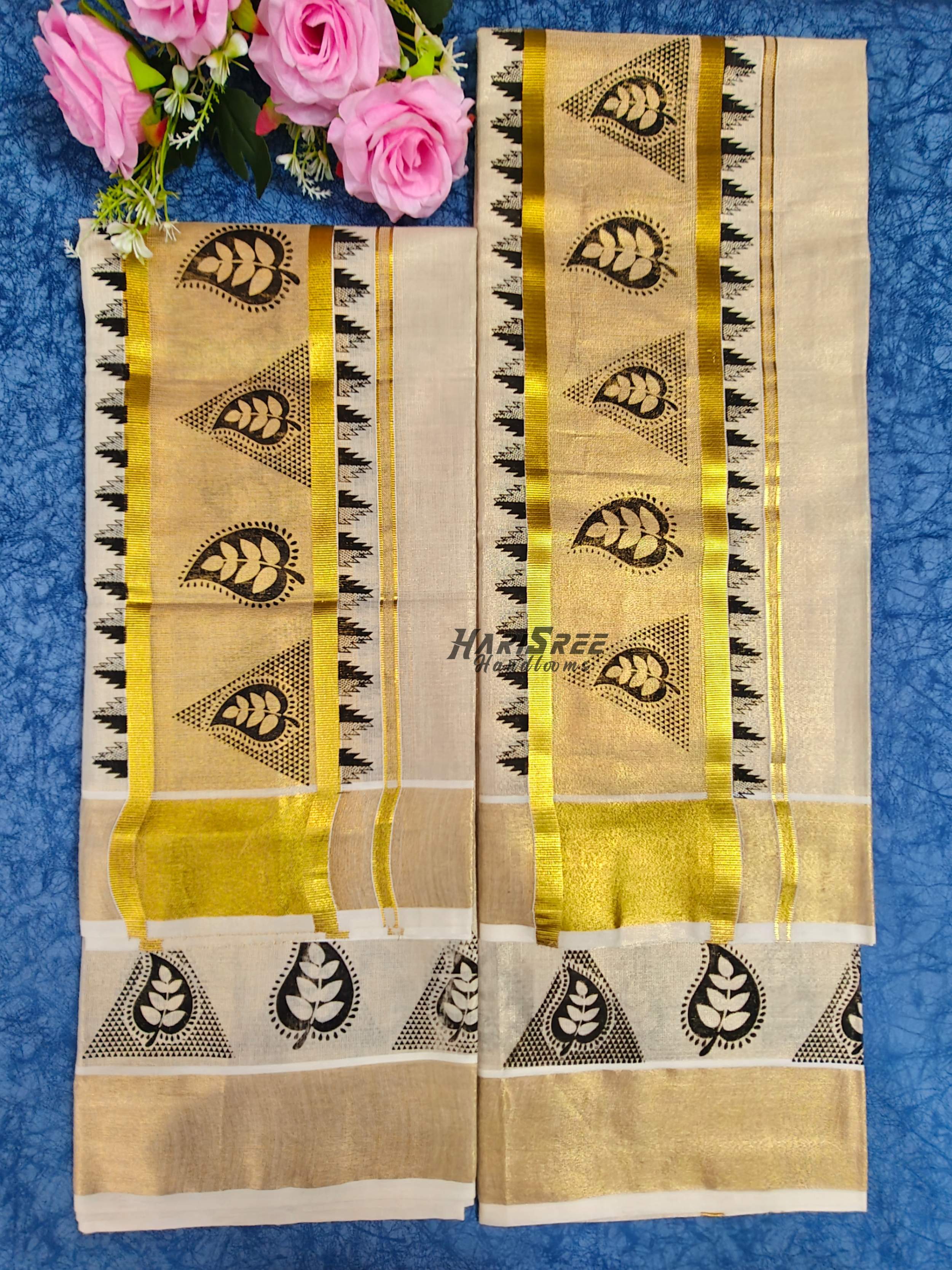 Kerala Tissue Set Mundu with gold kasavu and black leaf border design – Harisree Handlooms - HS2035 - Image 1