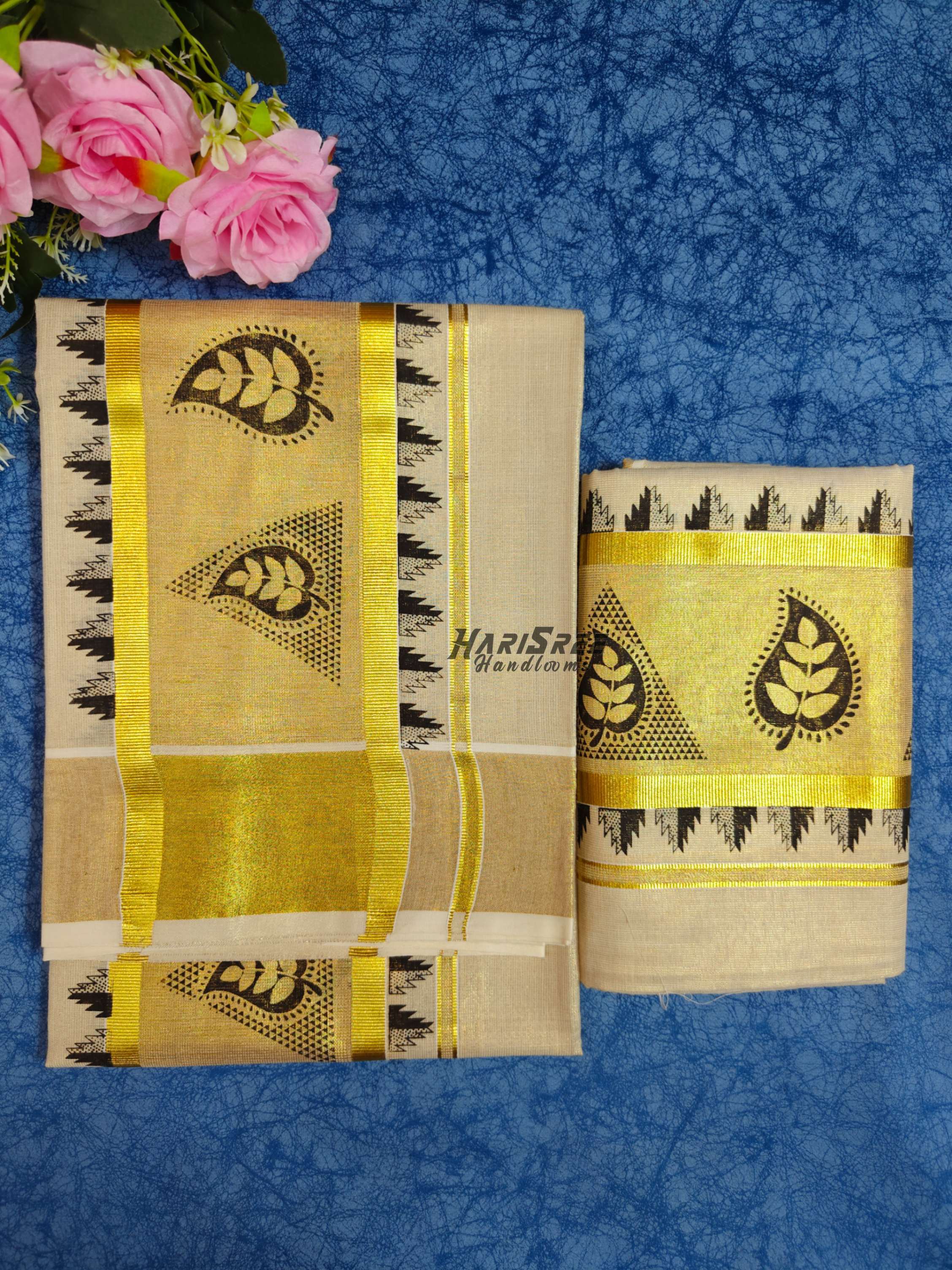 Kerala Tissue Set Mundu with gold kasavu and black leaf border design – Harisree Handlooms - HS2035 - Image 3