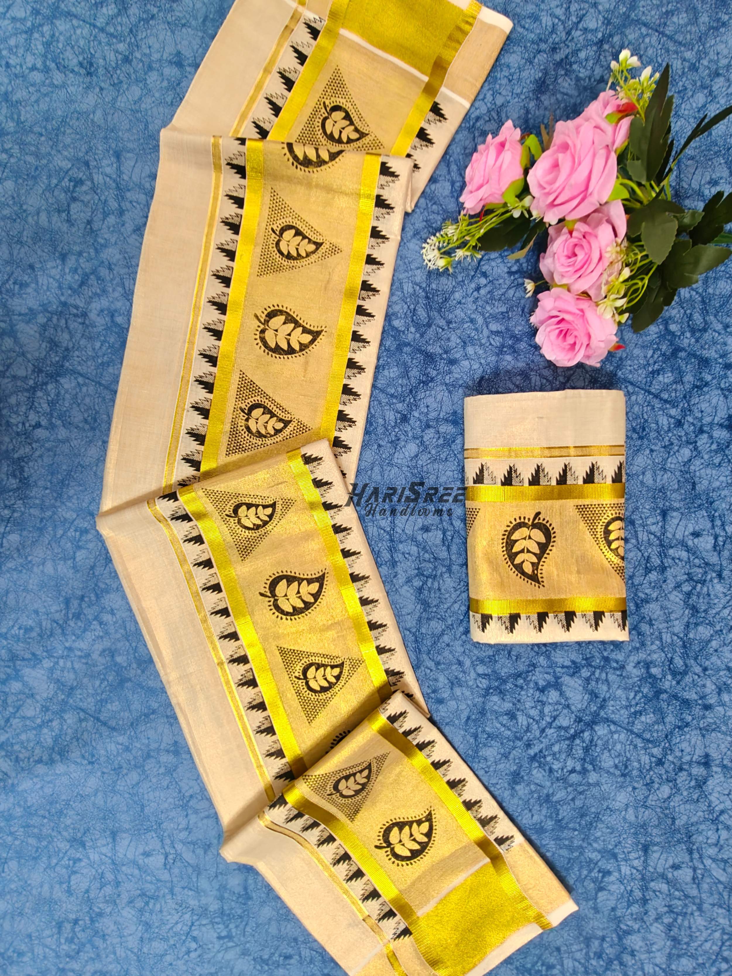 Kerala Tissue Set Mundu with gold kasavu and black leaf border design – Harisree Handlooms - HS2035 - Image 2