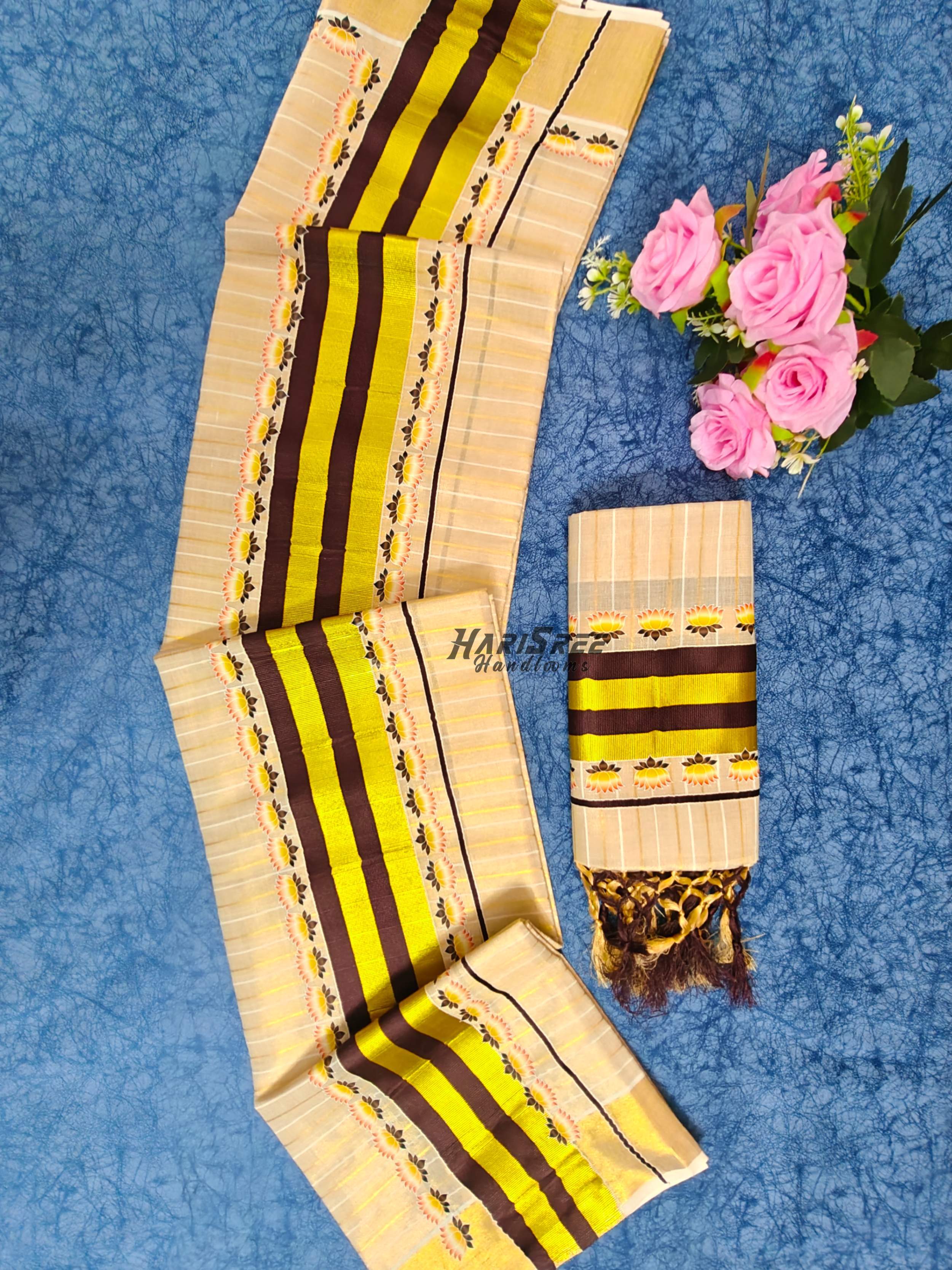 Kerala Tissue Set Mundu – Gold Kasavu with Maroon Border & Lotus Design | Harisree Handlooms - HS2036 - Image 1