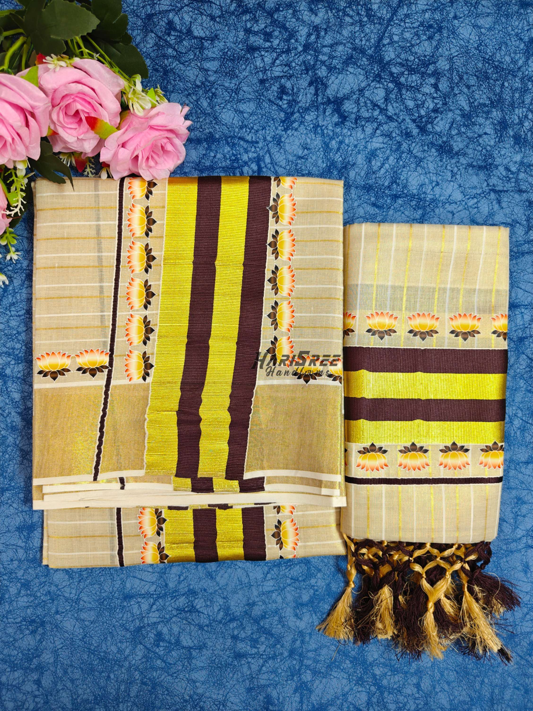 Kerala Tissue Set Mundu – Gold Kasavu with Maroon Border & Lotus Design | Harisree Handlooms - HS2036 - Image 2