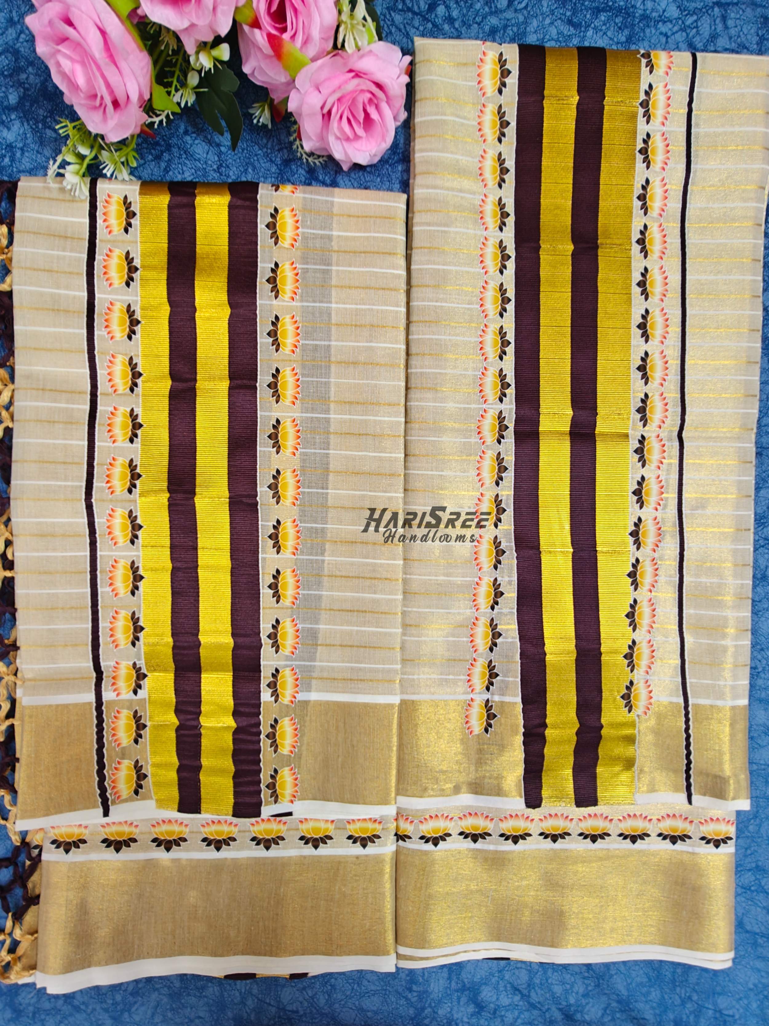 Kerala Tissue Set Mundu – Gold Kasavu with Maroon Border & Lotus Design | Harisree Handlooms - HS2036 - Image 3