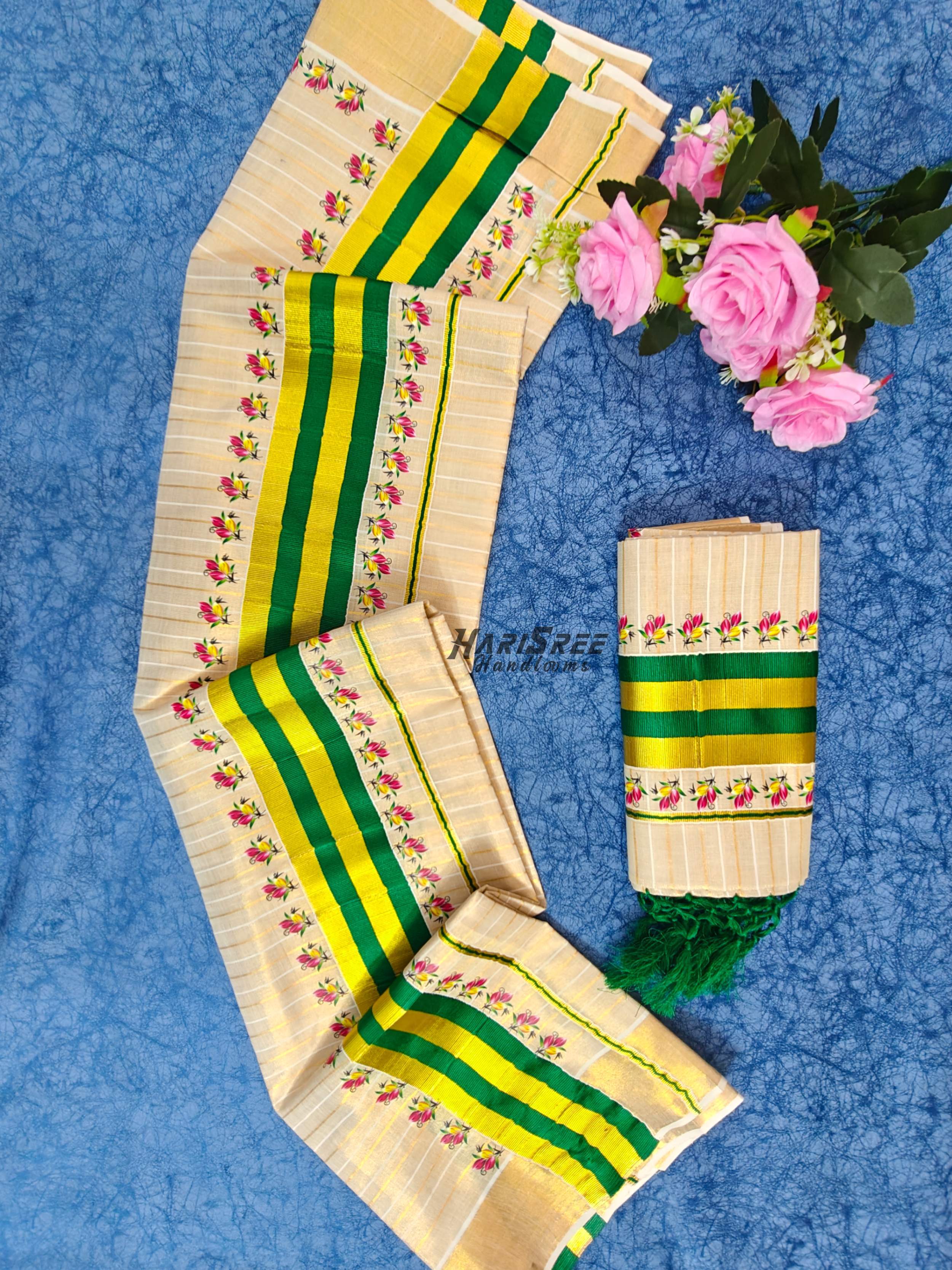 Authentic Tissue Kasavu Set Mundu Kerala Style – Green Border Design - HS2037 - Image 2