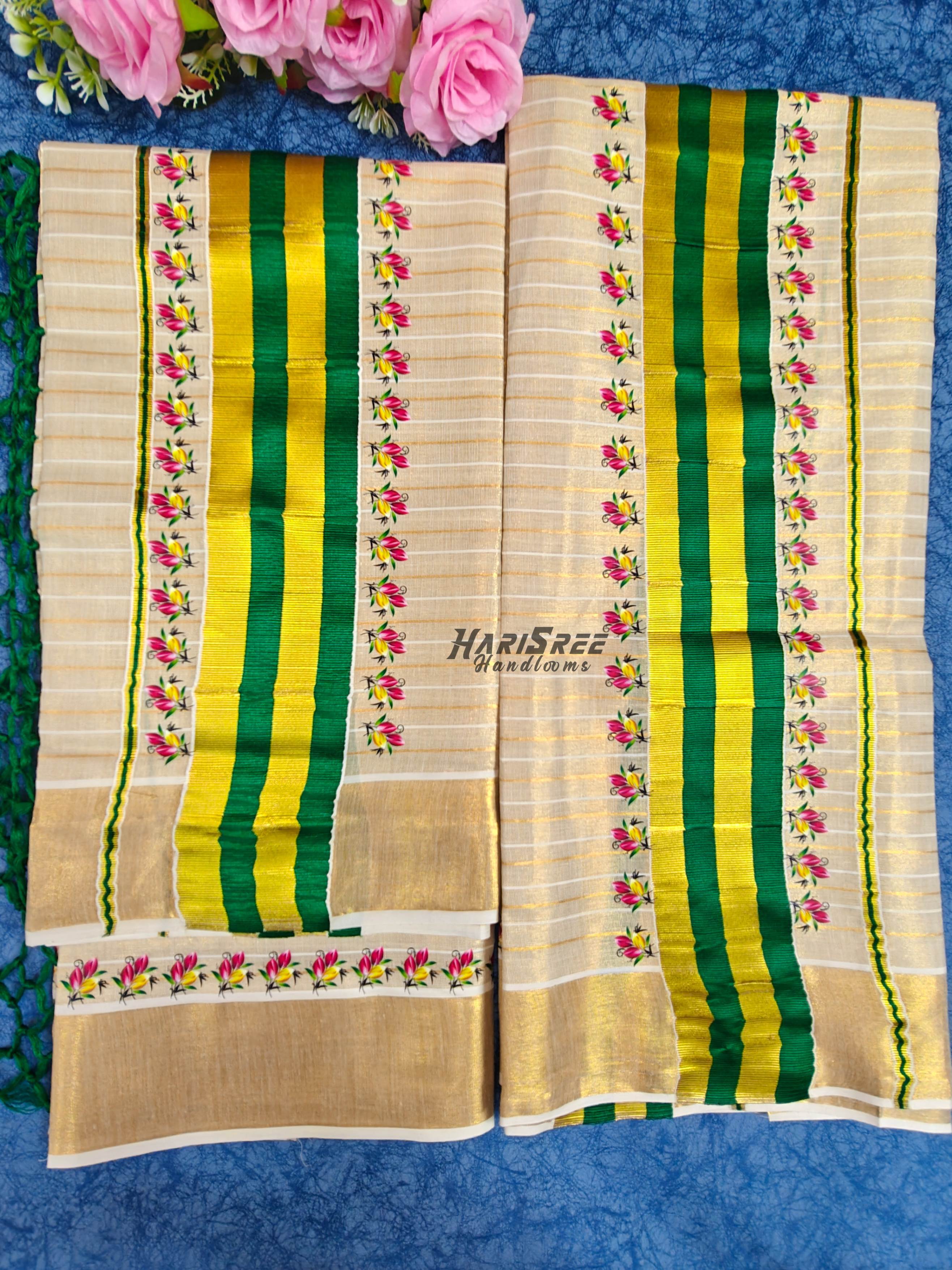 Authentic Tissue Kasavu Set Mundu Kerala Style – Green Border Design - HS2037 - Image 3