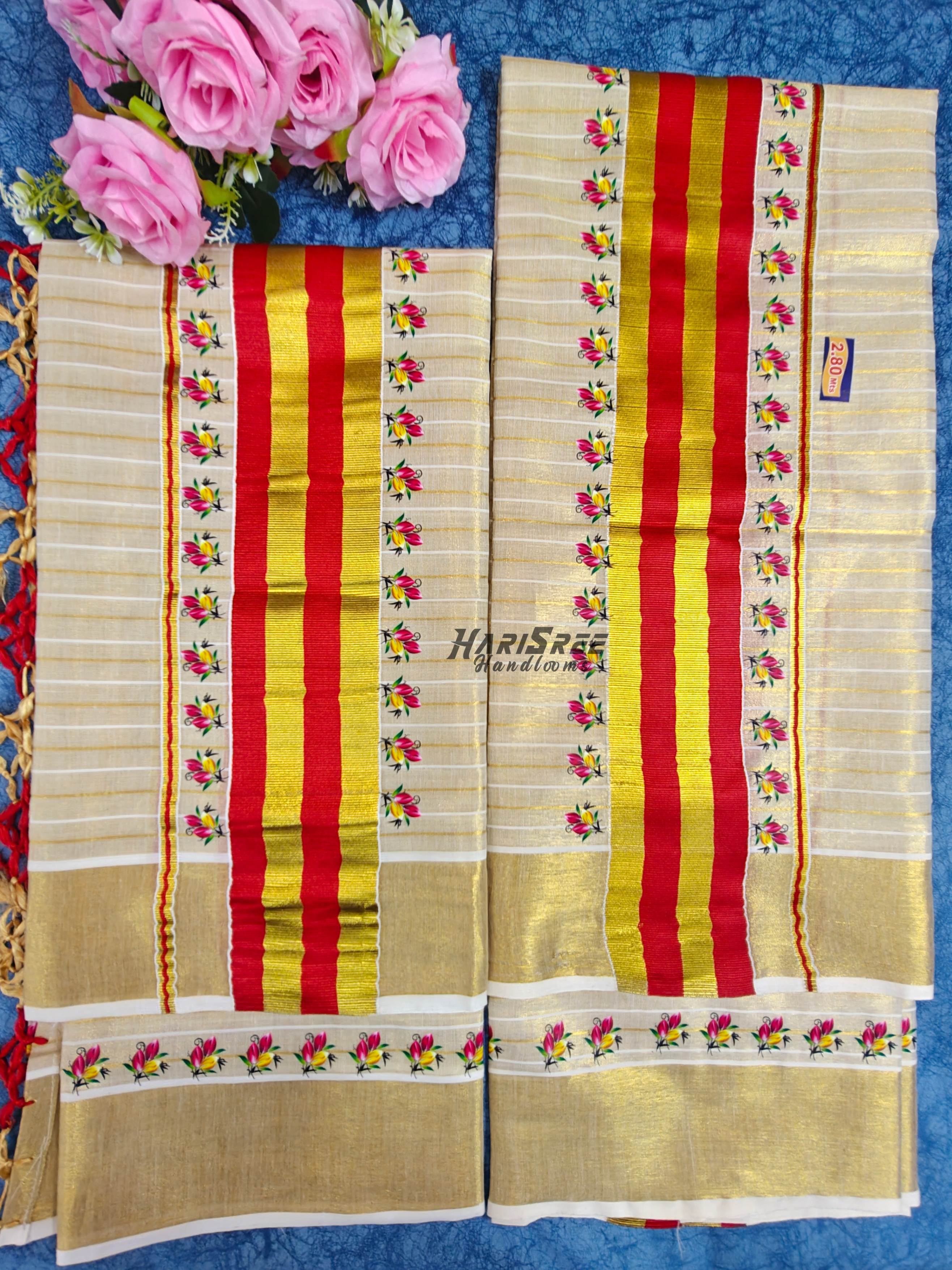 Classic Kerala Set Mundu Collection – Red Border Gold Kasavu - HS2038 - Image 1