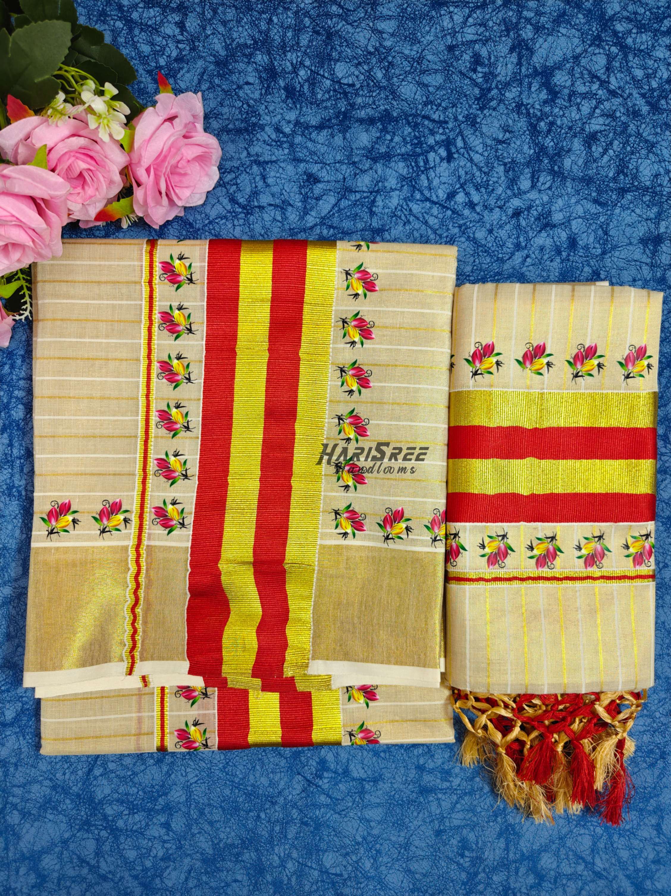 Classic Kerala Set Mundu Collection – Red Border Gold Kasavu - HS2038 - Image 3
