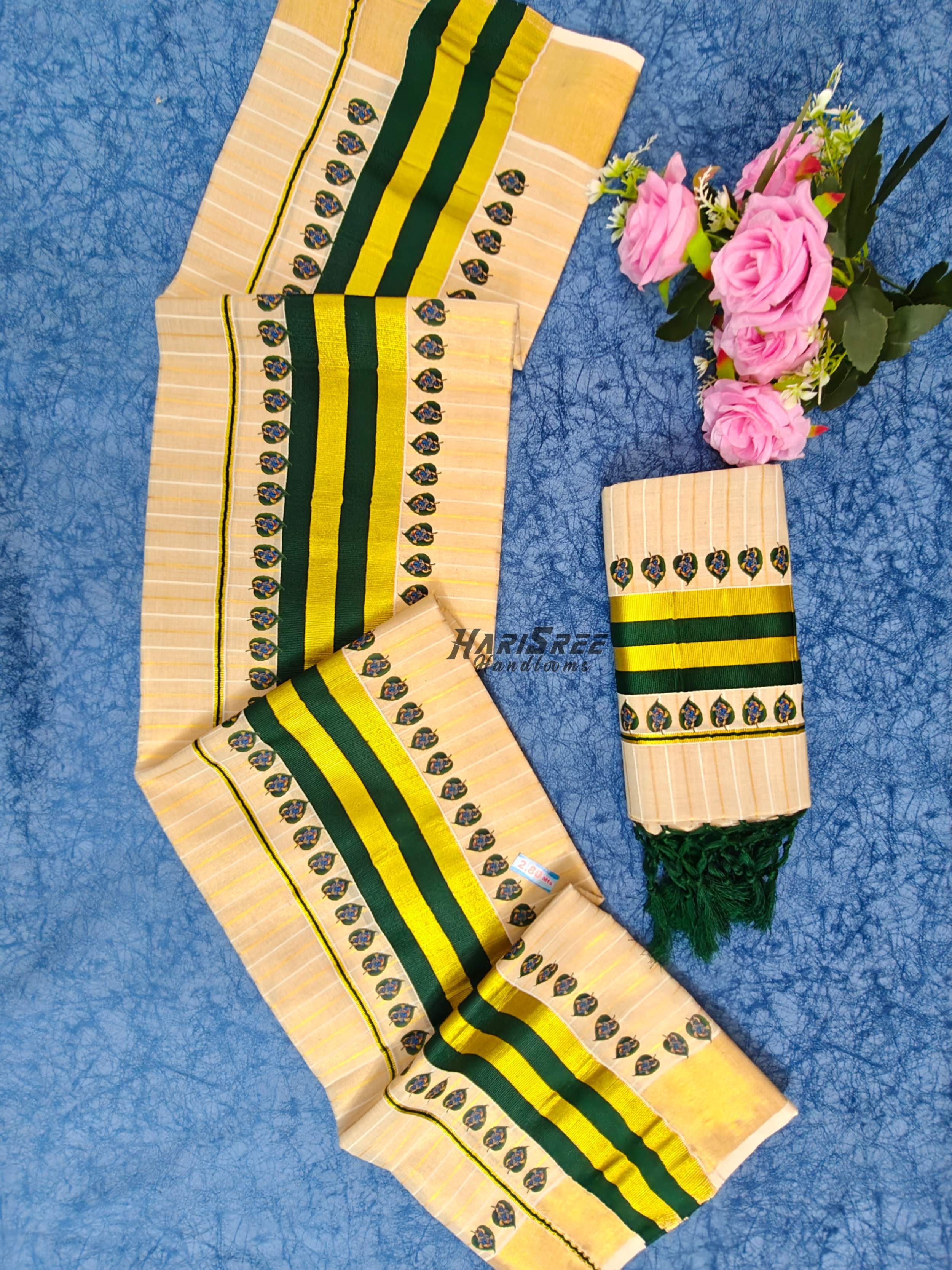 Traditional Tissue Set Mundu by Harisree Handlooms – Green Gold Kasavu krishna Desigin - HS2039 - Image 1