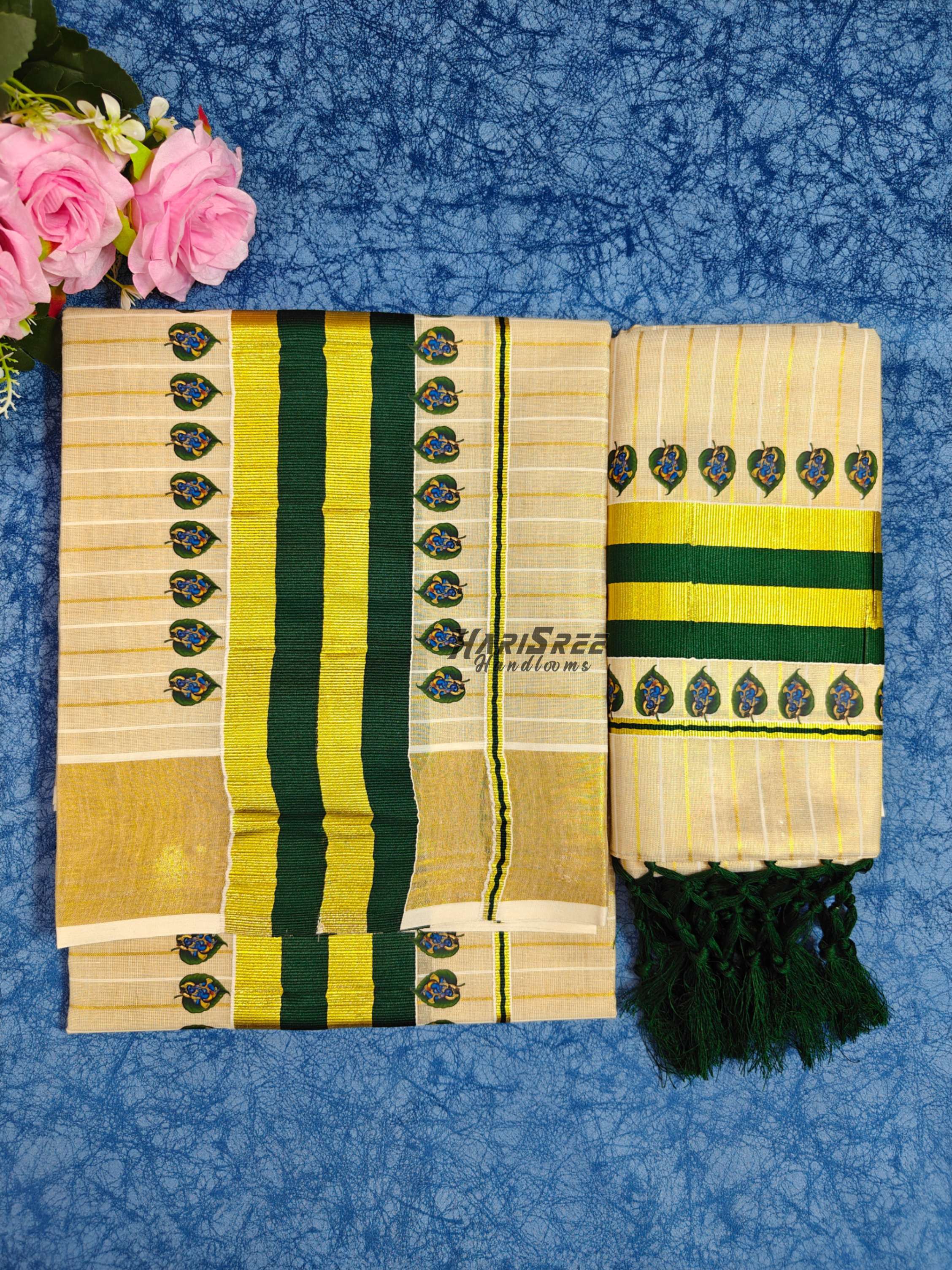 Traditional Tissue Set Mundu by Harisree Handlooms – Green Gold Kasavu krishna Desigin - HS2039 - Image 2