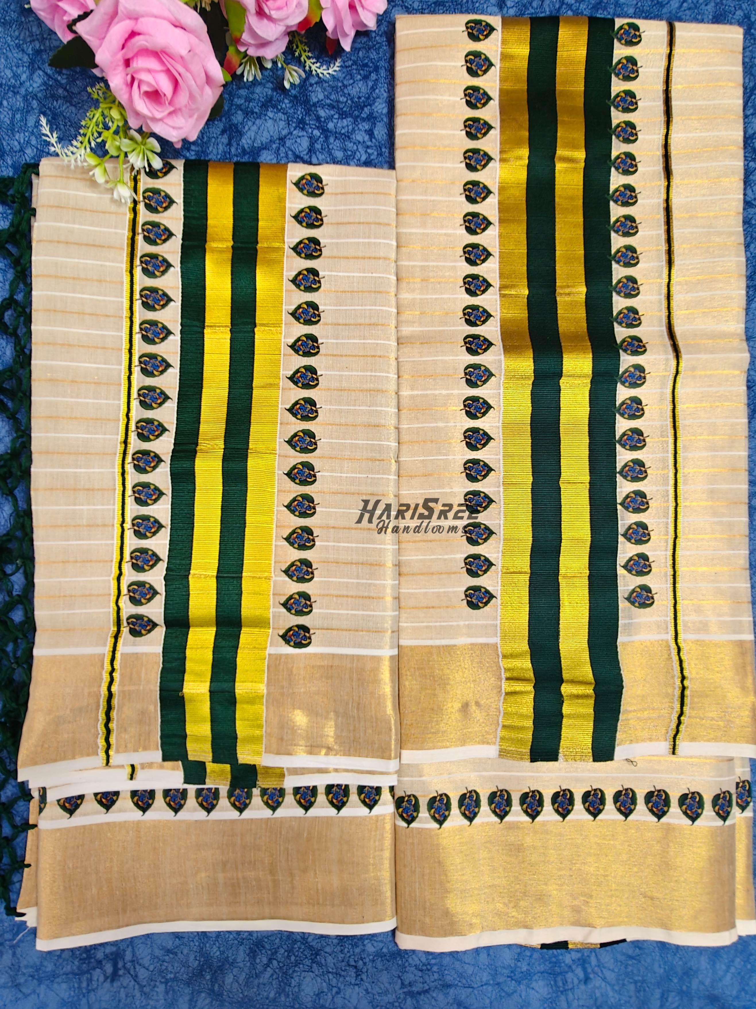 Traditional Tissue Set Mundu by Harisree Handlooms – Green Gold Kasavu krishna Desigin - HS2039 - Image 3