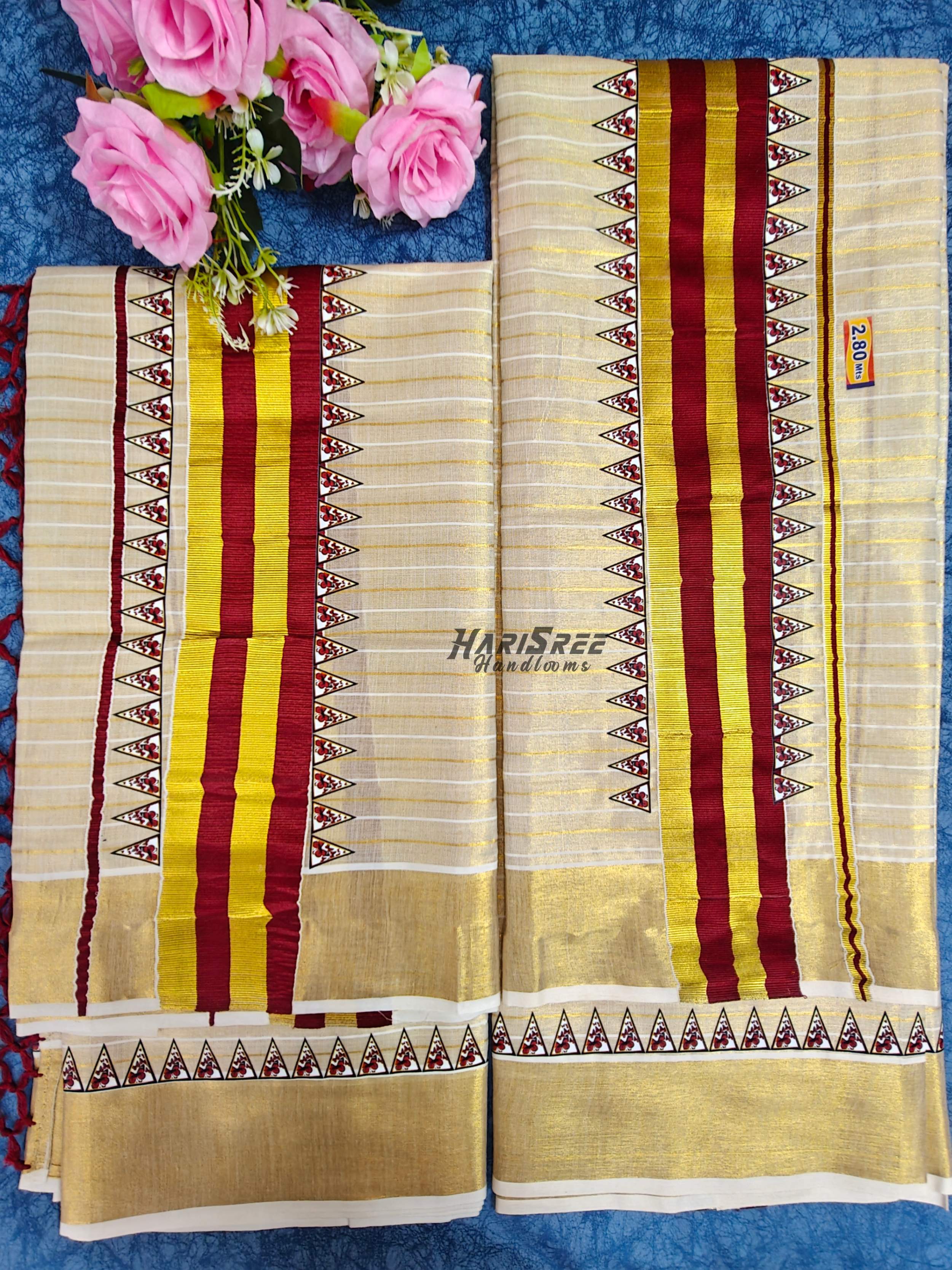 Classic Kerala Tissue Set Mundu Maroon Border Gold Kasavu - HS2040 - Image 1