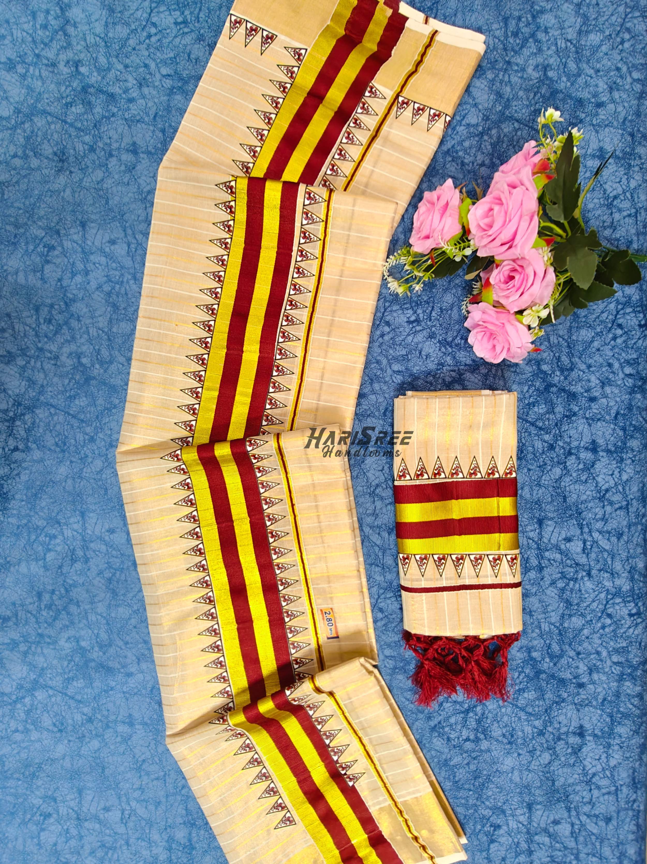 Classic Kerala Tissue Set Mundu Maroon Border Gold Kasavu - HS2040 - Image 2