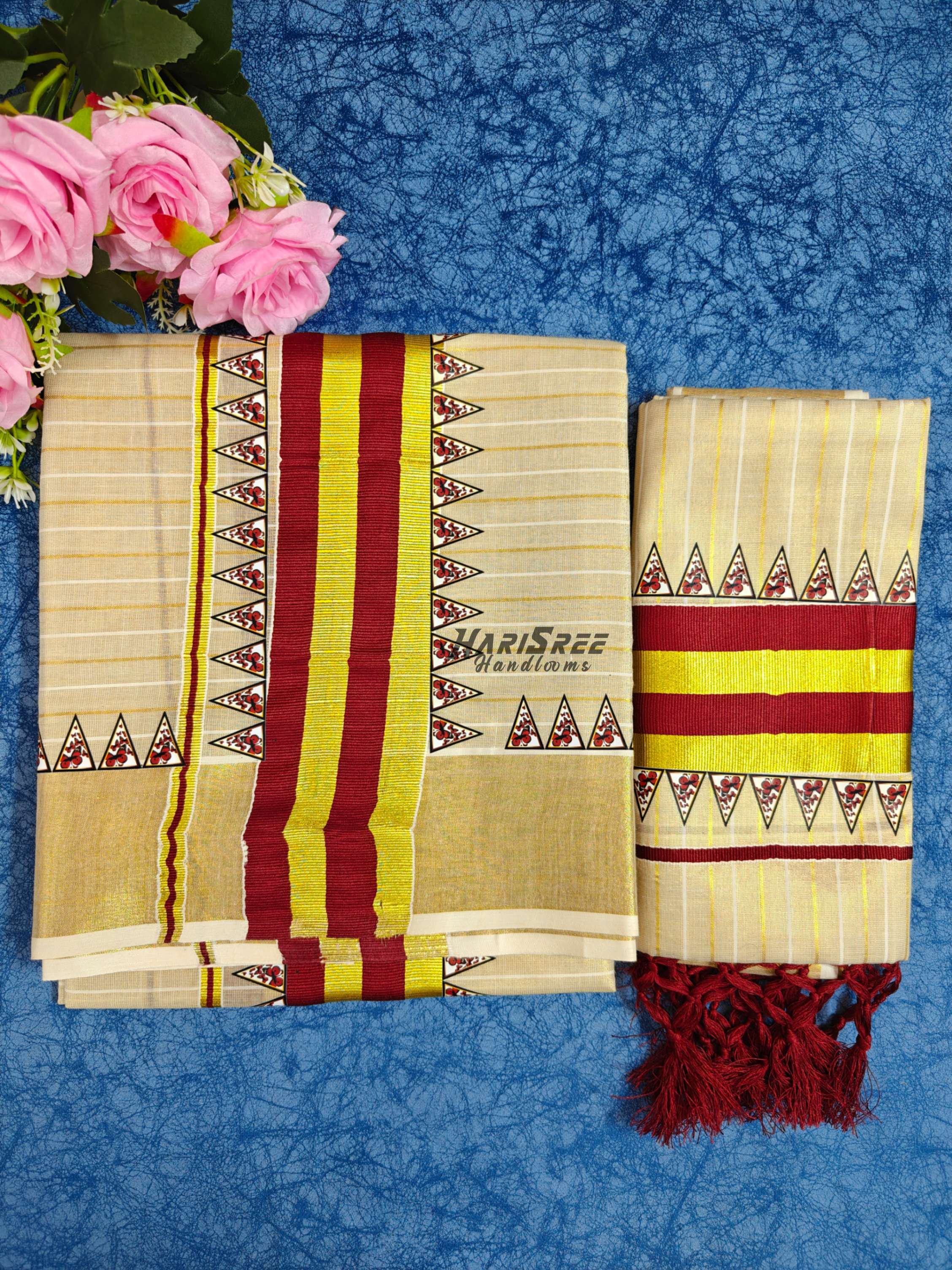 Classic Kerala Tissue Set Mundu Maroon Border Gold Kasavu - HS2040 - Image 3