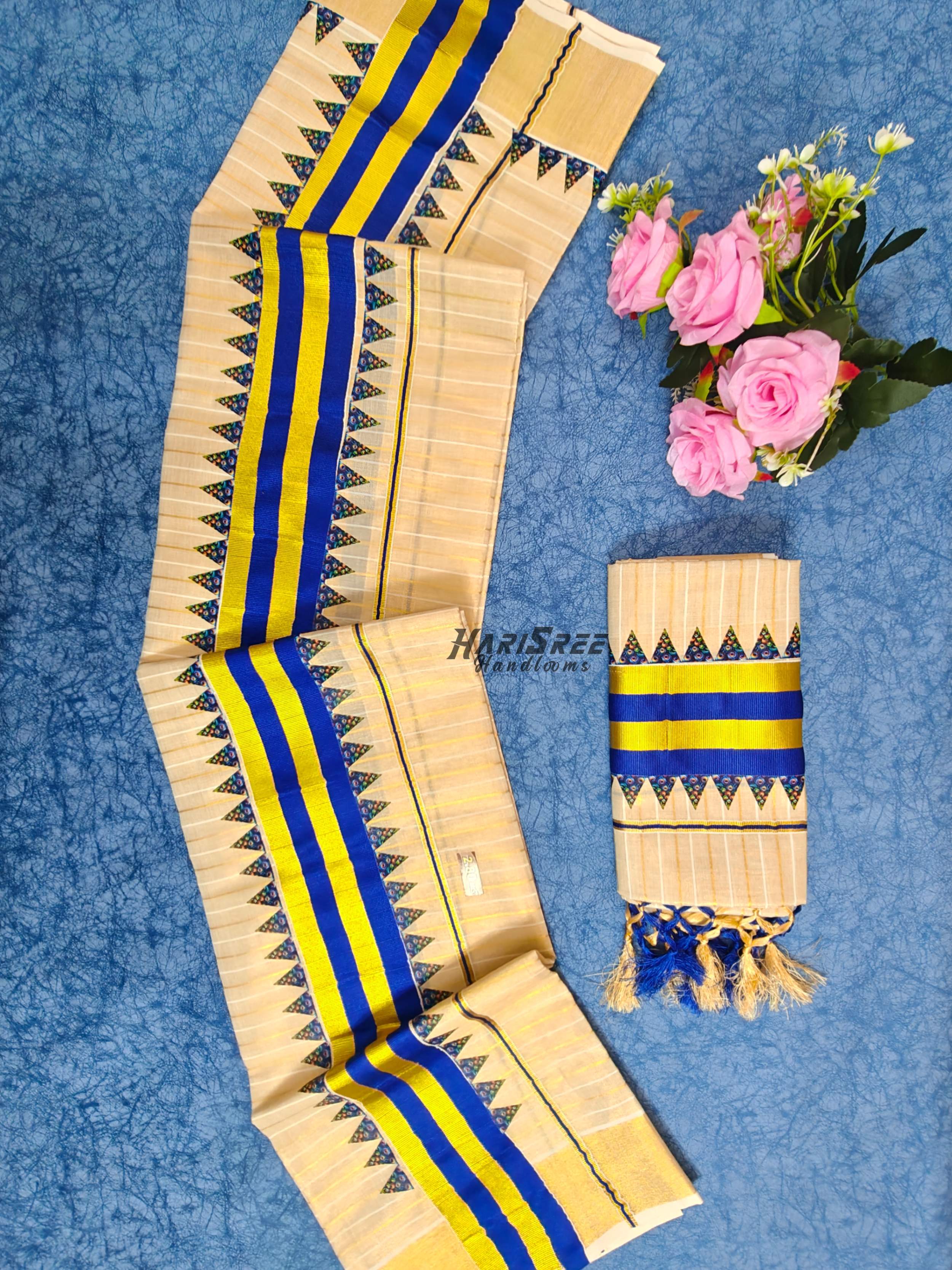 Kerala Tissue Set Mundu Royal Blue Border with Gold Kasavu - HS2041 - Image 2