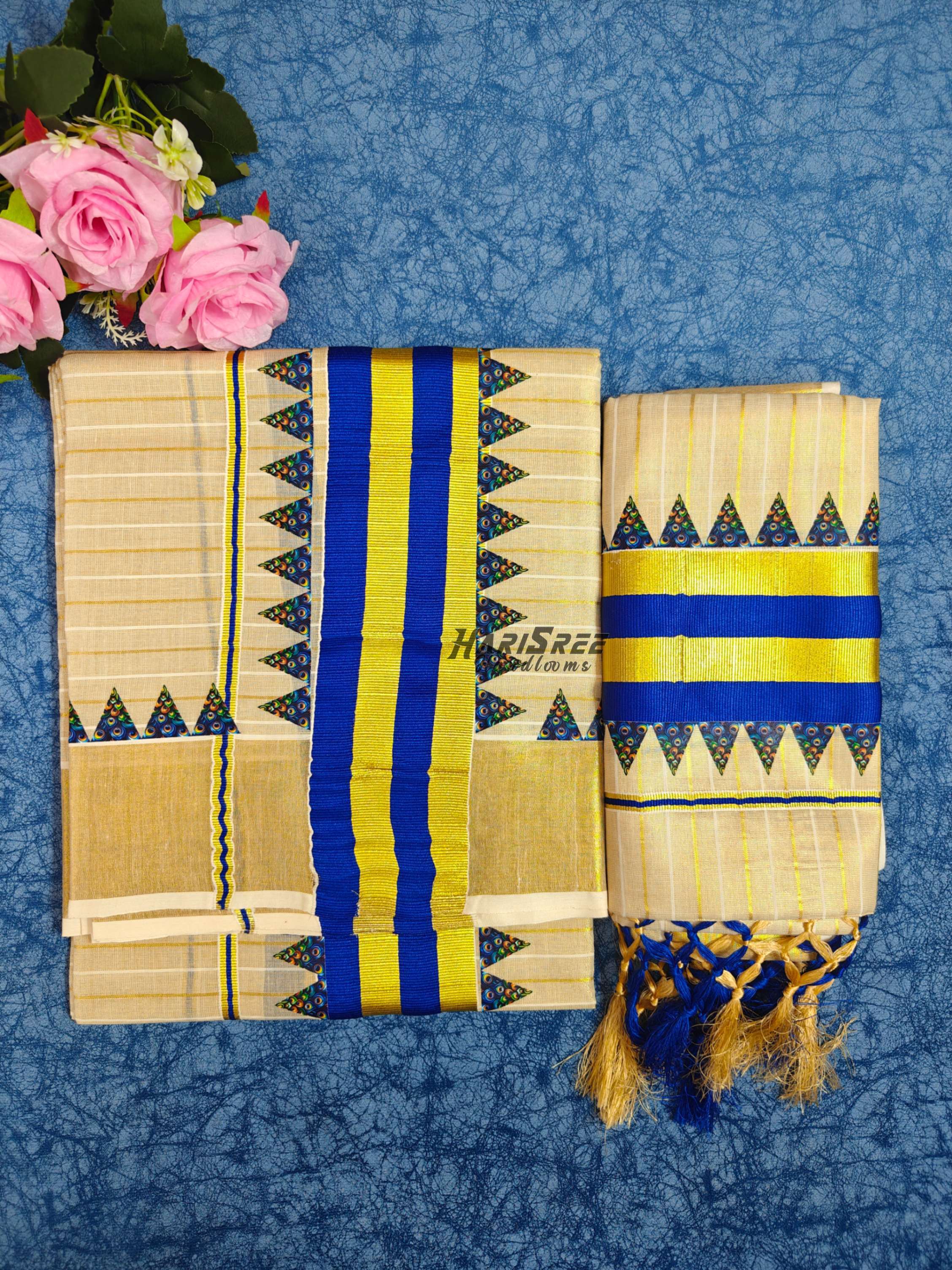 Kerala Tissue Set Mundu Royal Blue Border with Gold Kasavu - HS2041 - Image 3