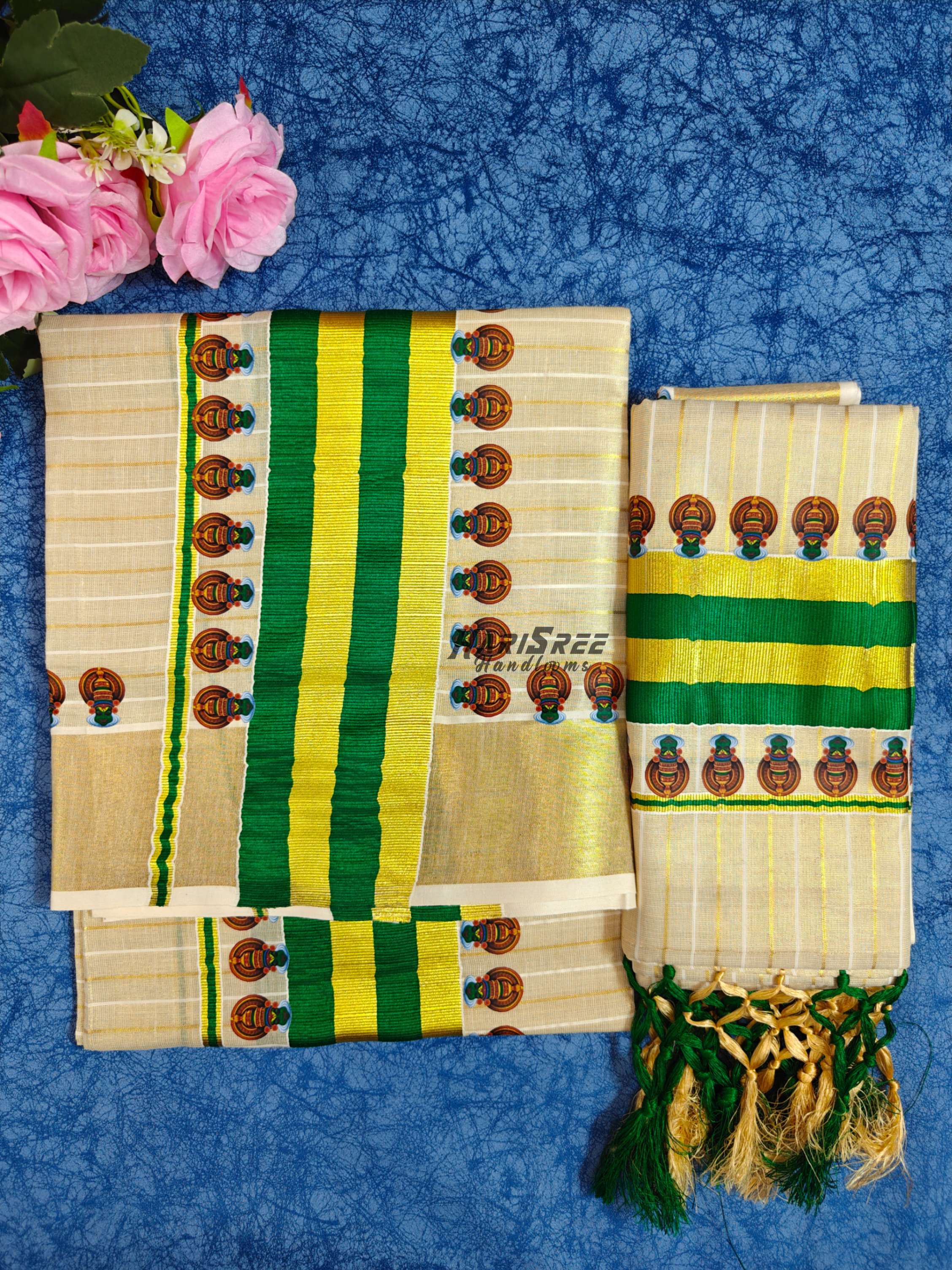 Kerala Tissue Set Mundu Green Border with Gold Kasavu Kathakali Design - HS2042 - Image 1