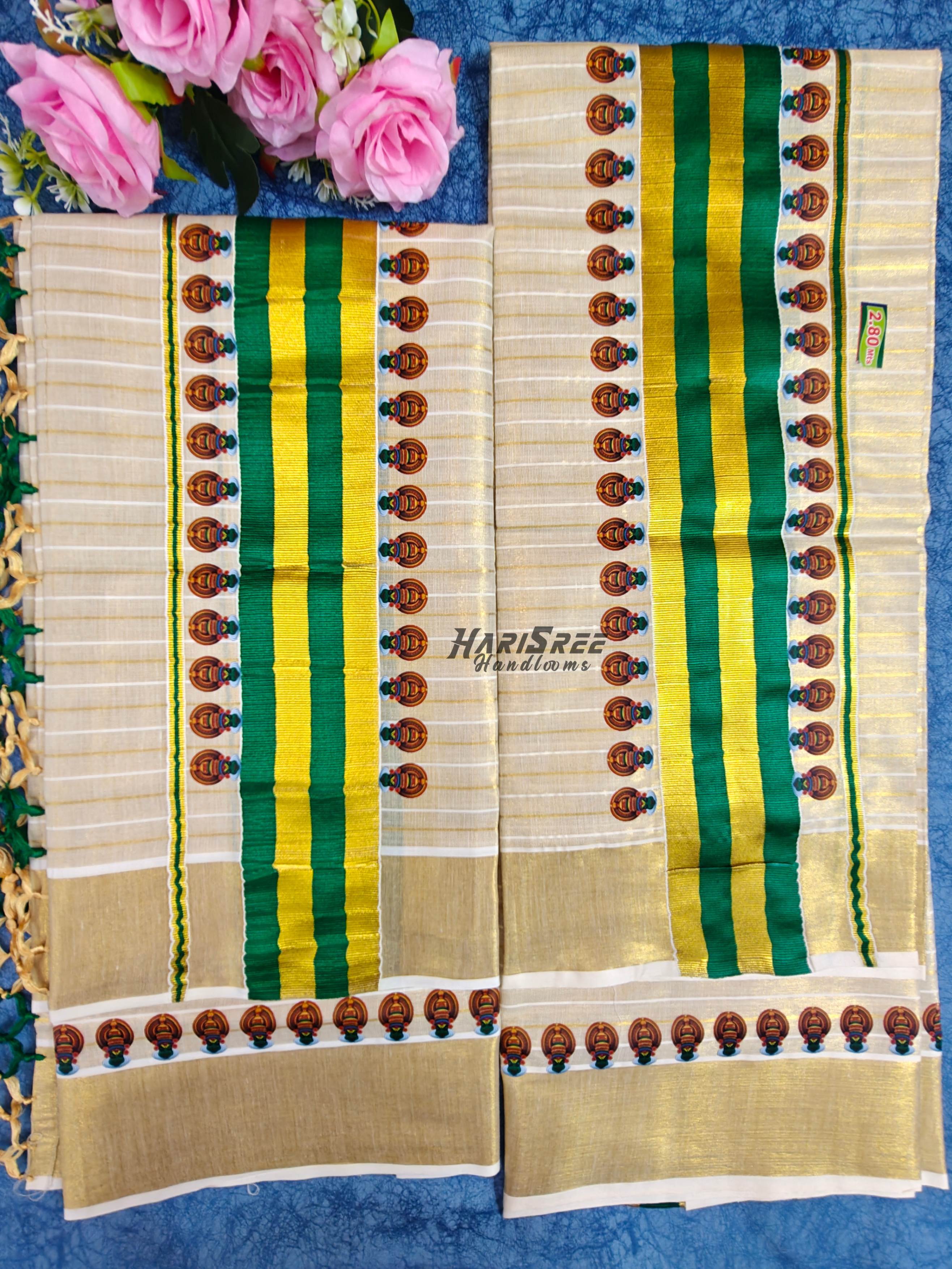 Kerala Tissue Set Mundu Green Border with Gold Kasavu Kathakali Design - HS2042 - Image 2