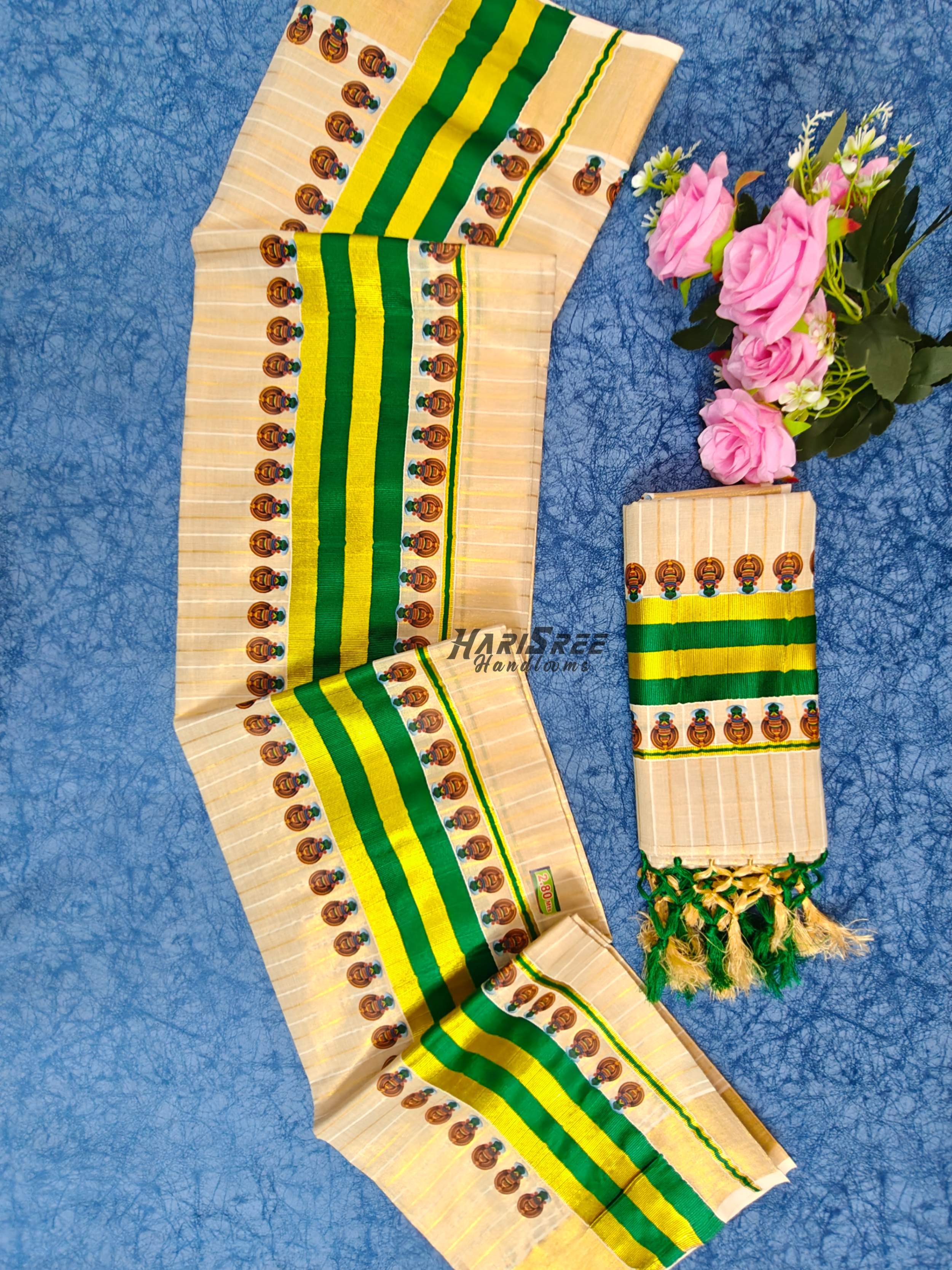 Kerala Tissue Set Mundu Green Border with Gold Kasavu Kathakali Design - HS2042 - Image 3