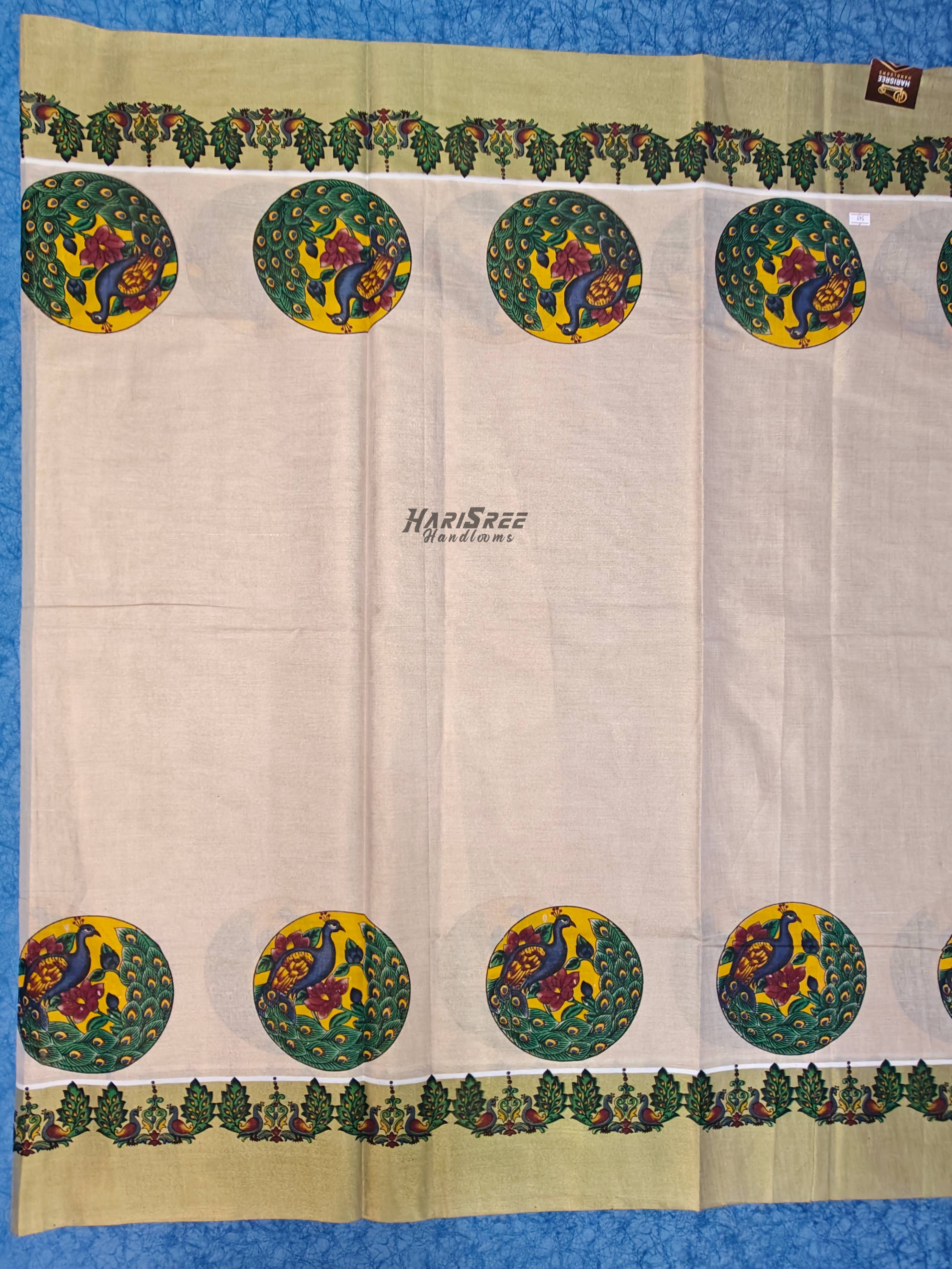 Traditional Kerala Saree with Peacock Print Border | Tissue Kasavu Saree - PR101 - Image 3