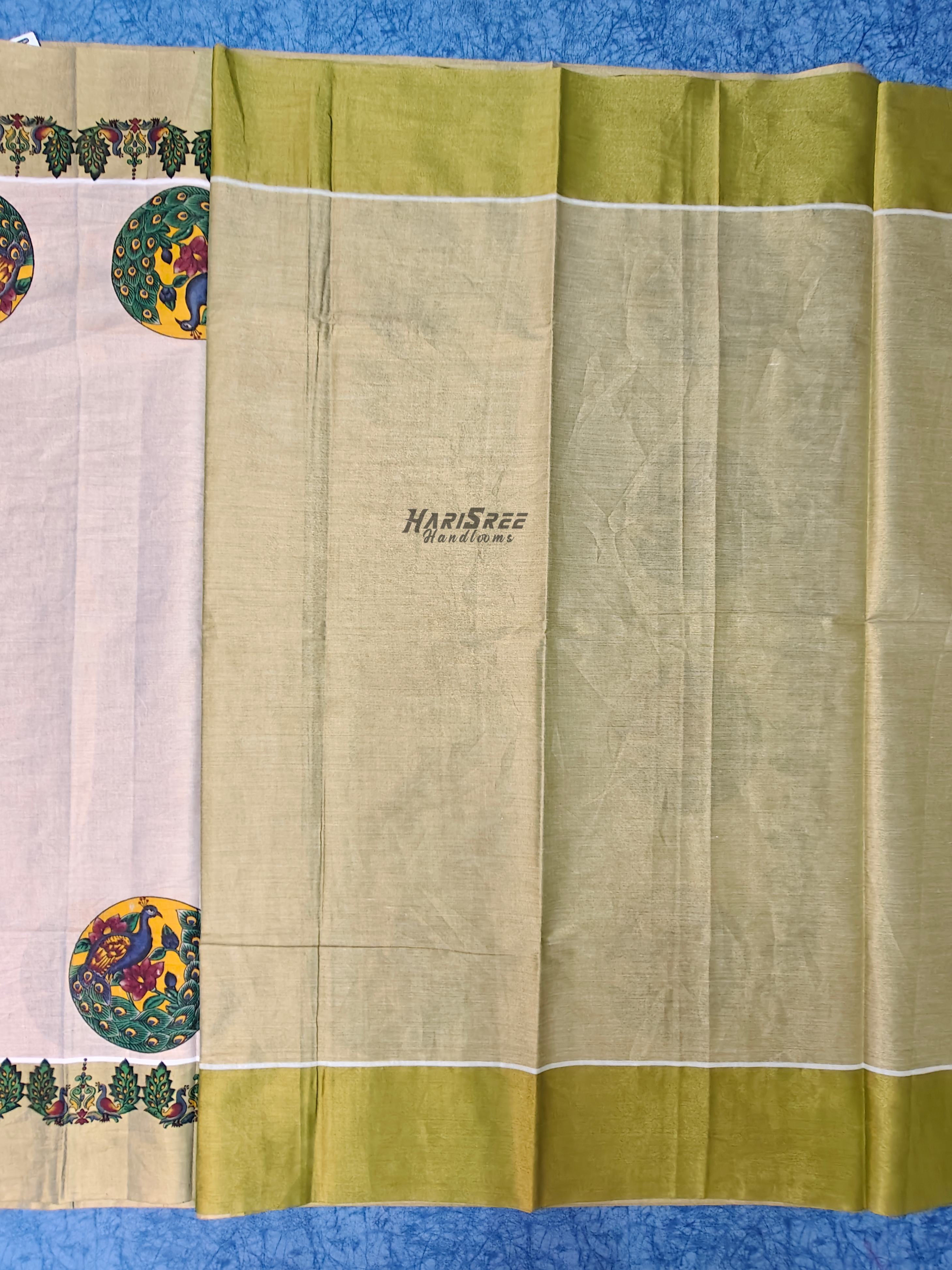 Traditional Kerala Saree with Peacock Print Border | Tissue Kasavu Saree - PR101 - Image 4