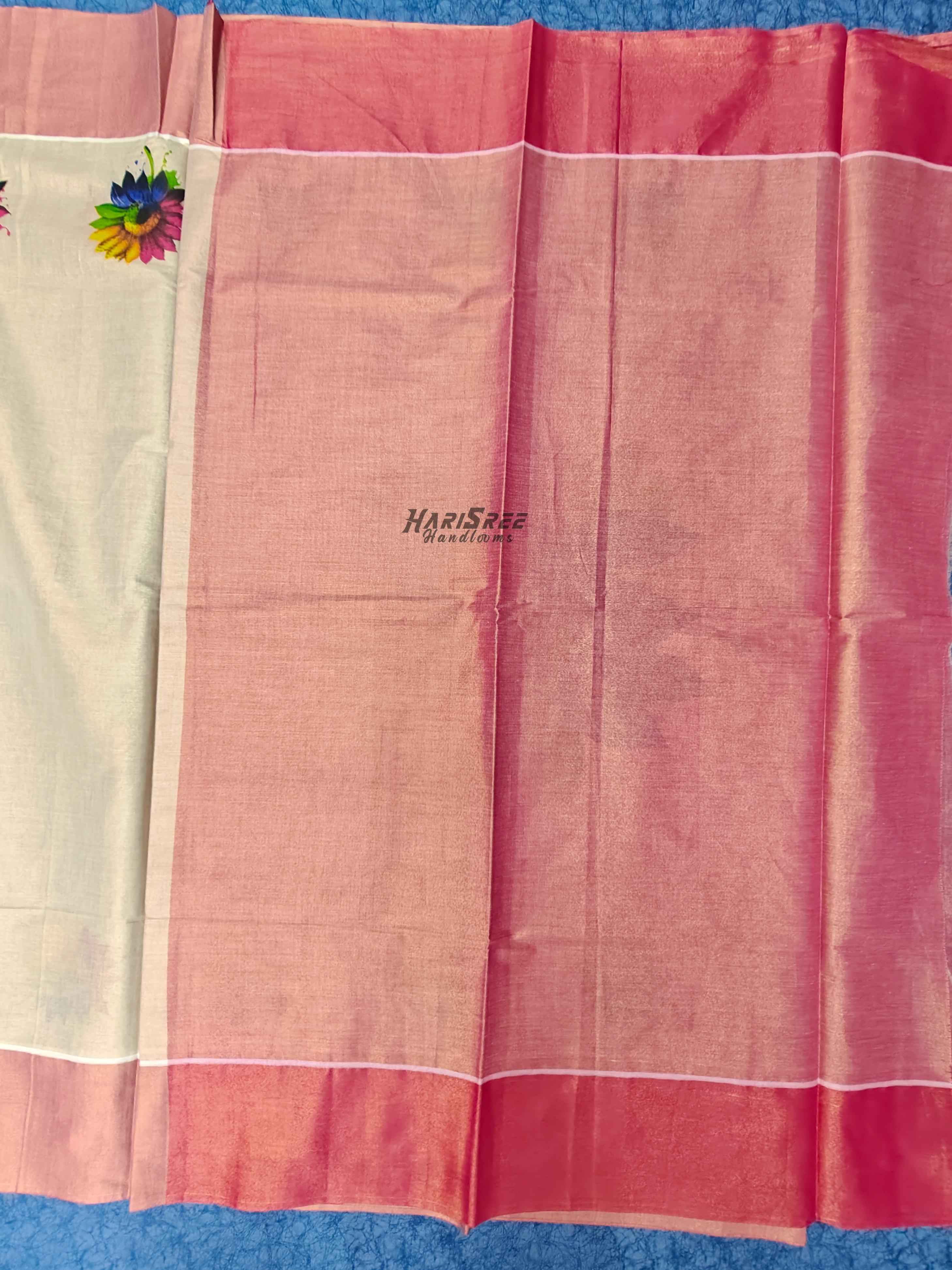 Traditional Kerala Saree with Pink Border & Floral Motif | Tissue Kasavu Saree - PR102 - Image 2