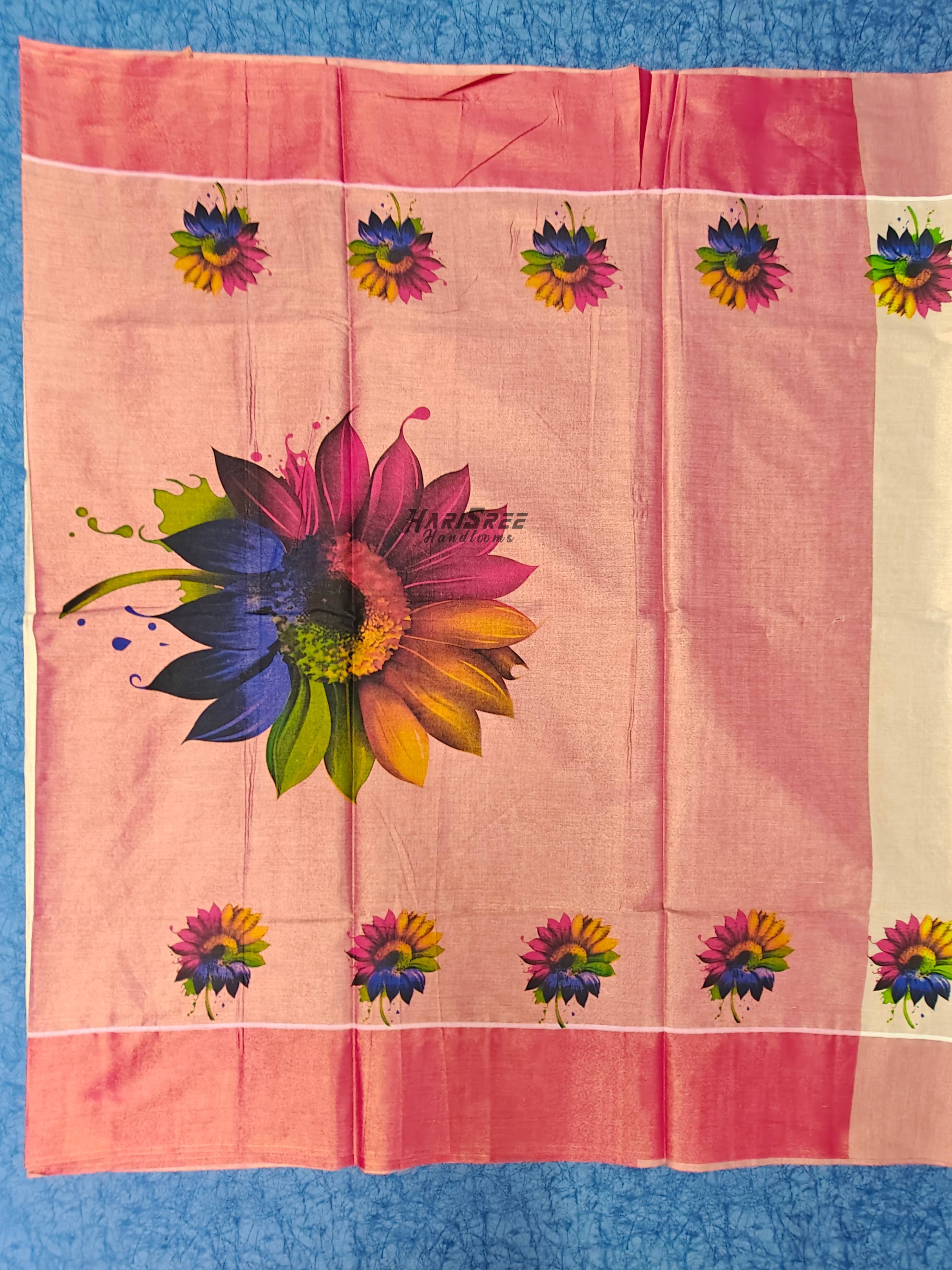 Traditional Kerala Saree with Pink Border & Floral Motif | Tissue Kasavu Saree - PR102 - Image 3