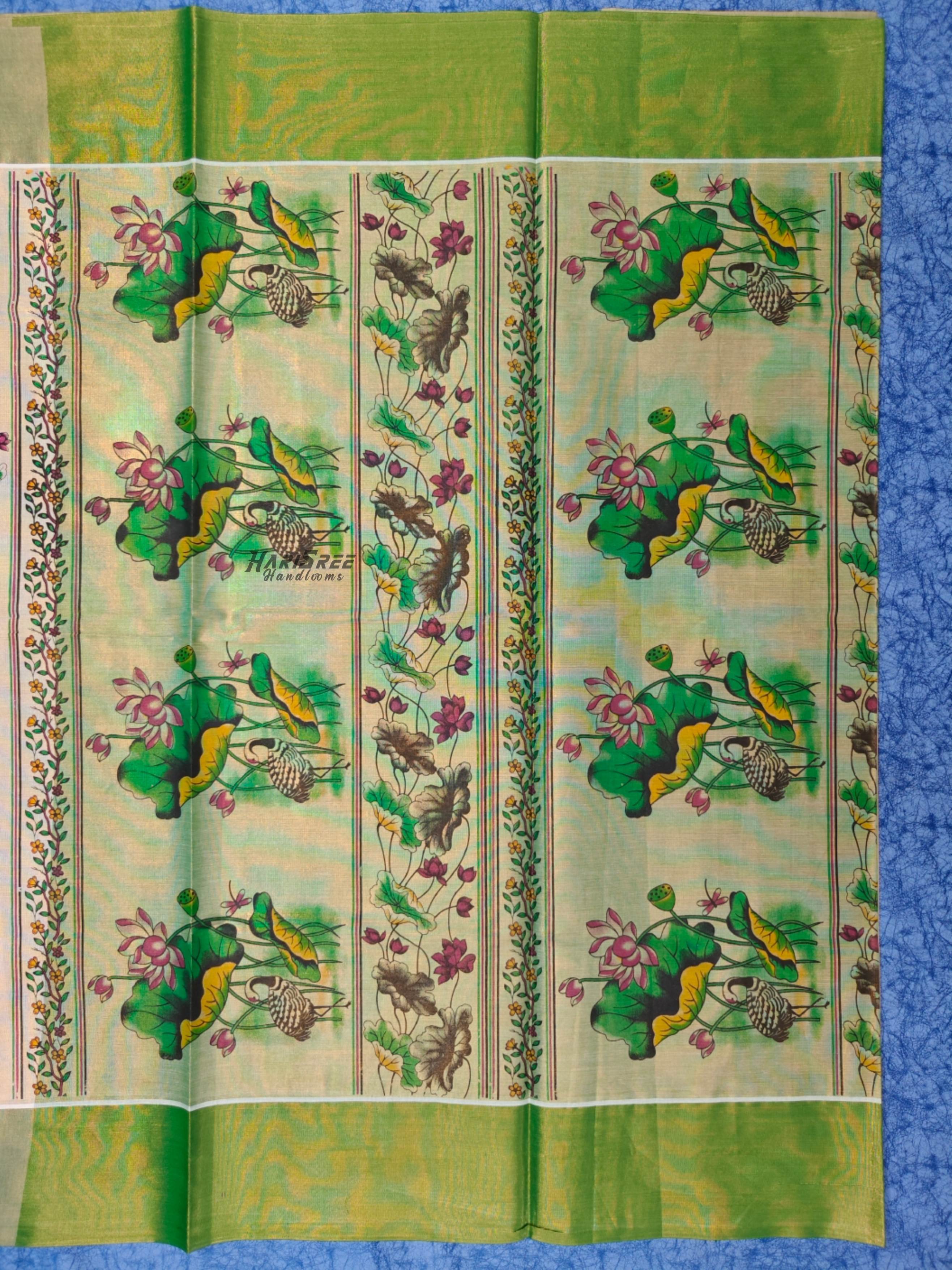 Kerala Kasavu Saree with Green Border & Lotus Print | Tissue Kasavu Saree - PR103 - Image 2