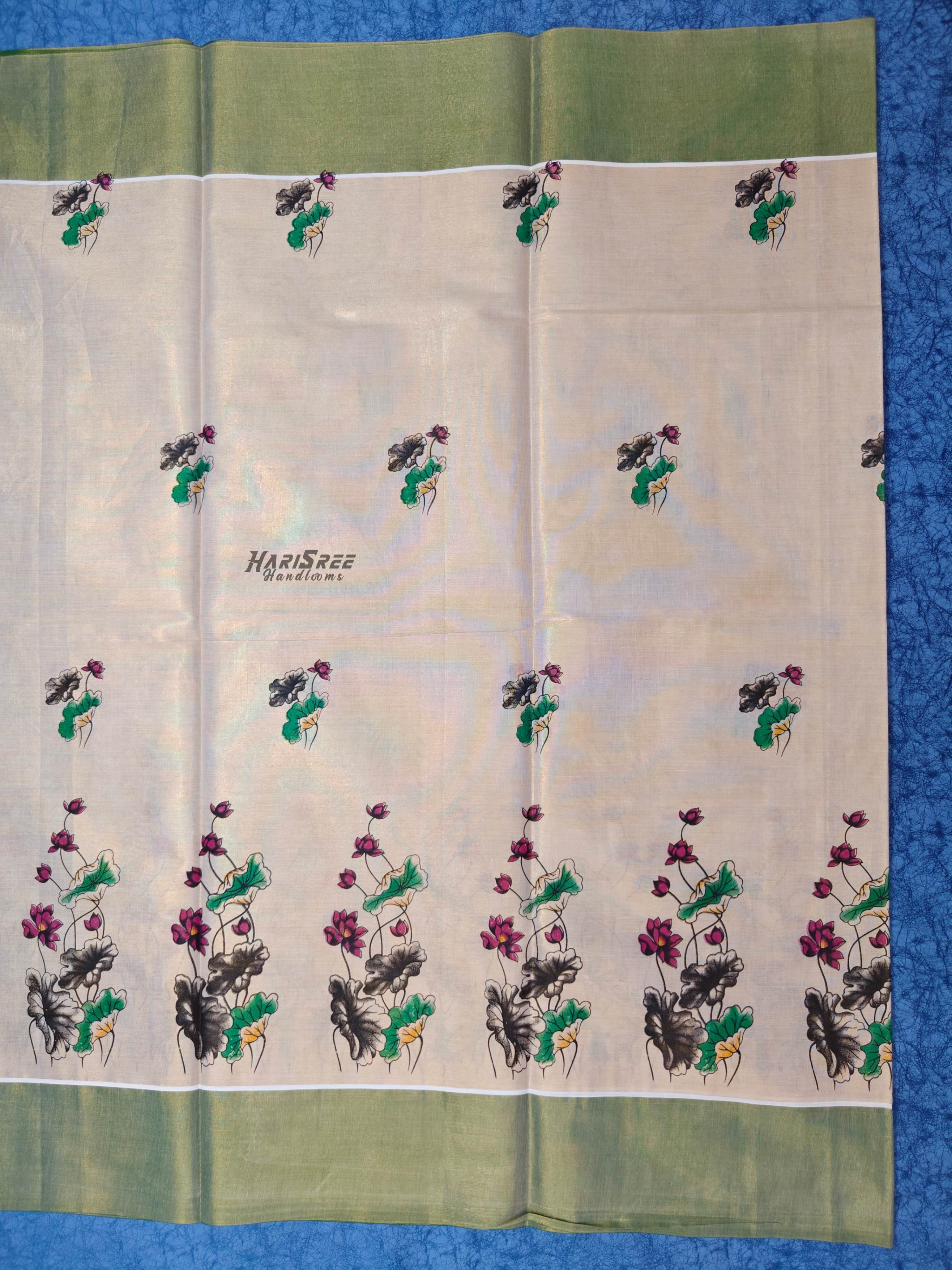 Kerala Kasavu Saree with Green Border & Lotus Print | Tissue Kasavu Saree - PR103 - Image 3