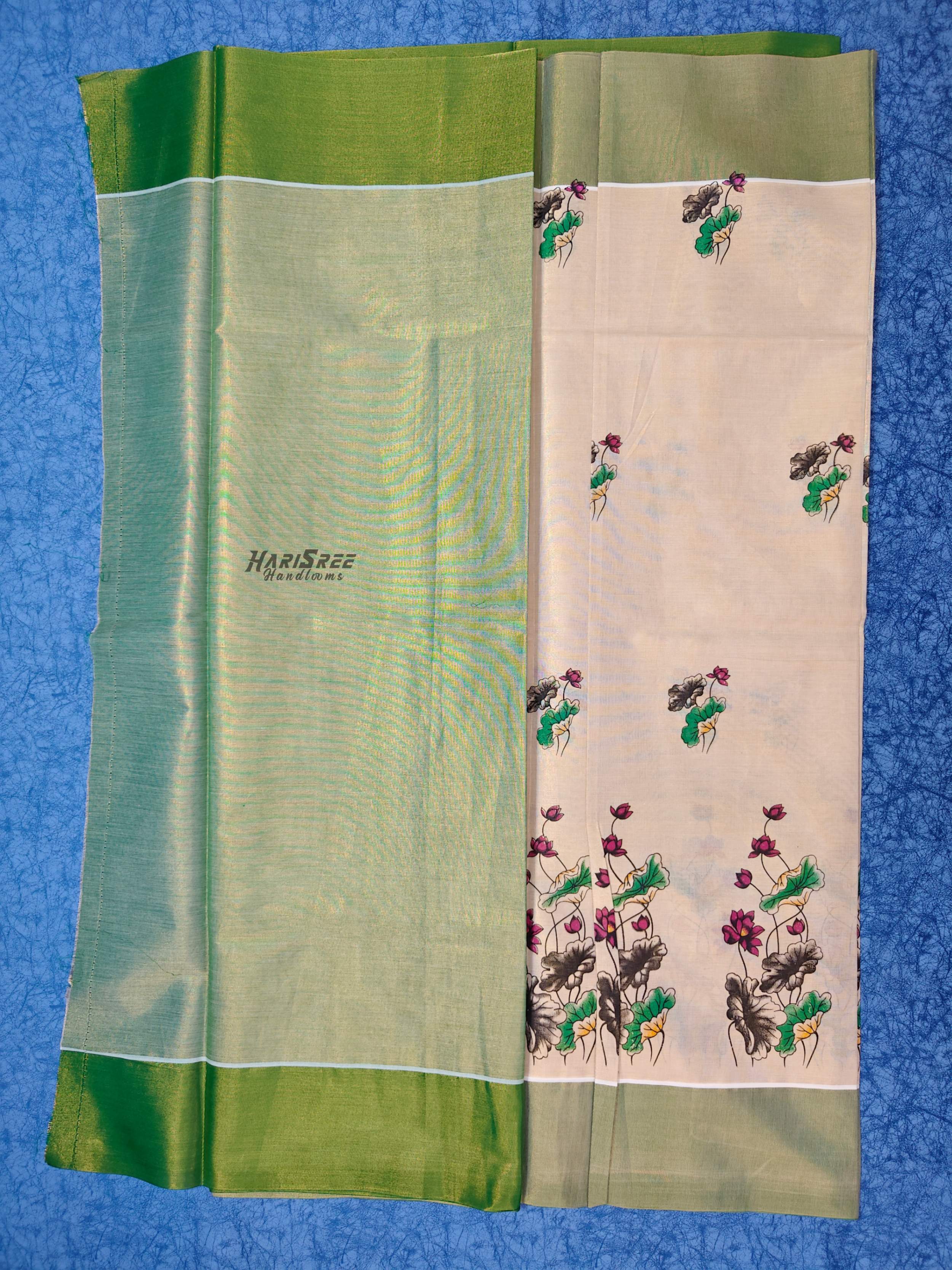 Kerala Kasavu Saree with Green Border & Lotus Print | Tissue Kasavu Saree - PR103 - Image 4