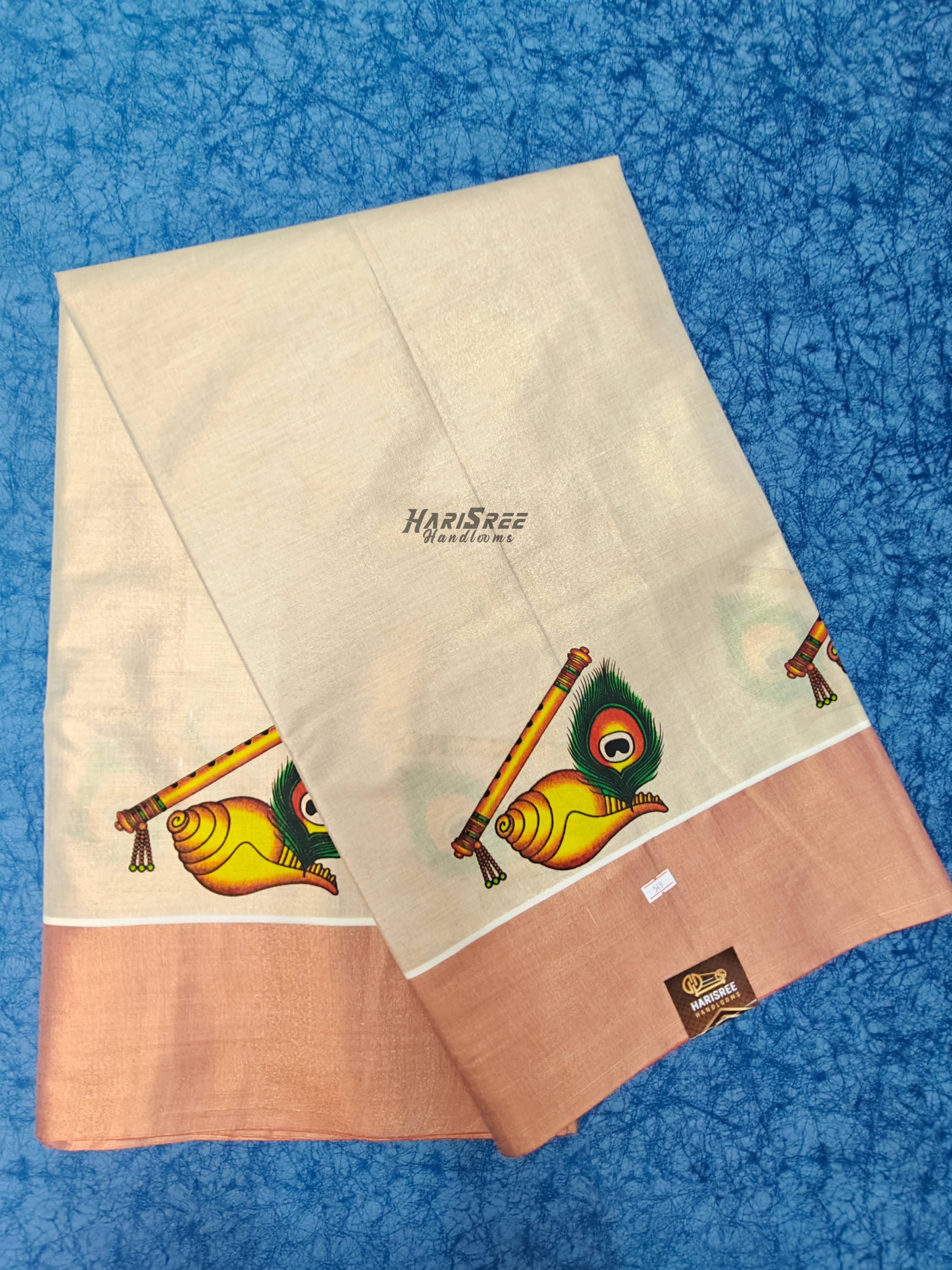Kerala Kasavu Saree with Peach Border & Shankh Flute Motif Tissue Saree - PR104 - Image 1
