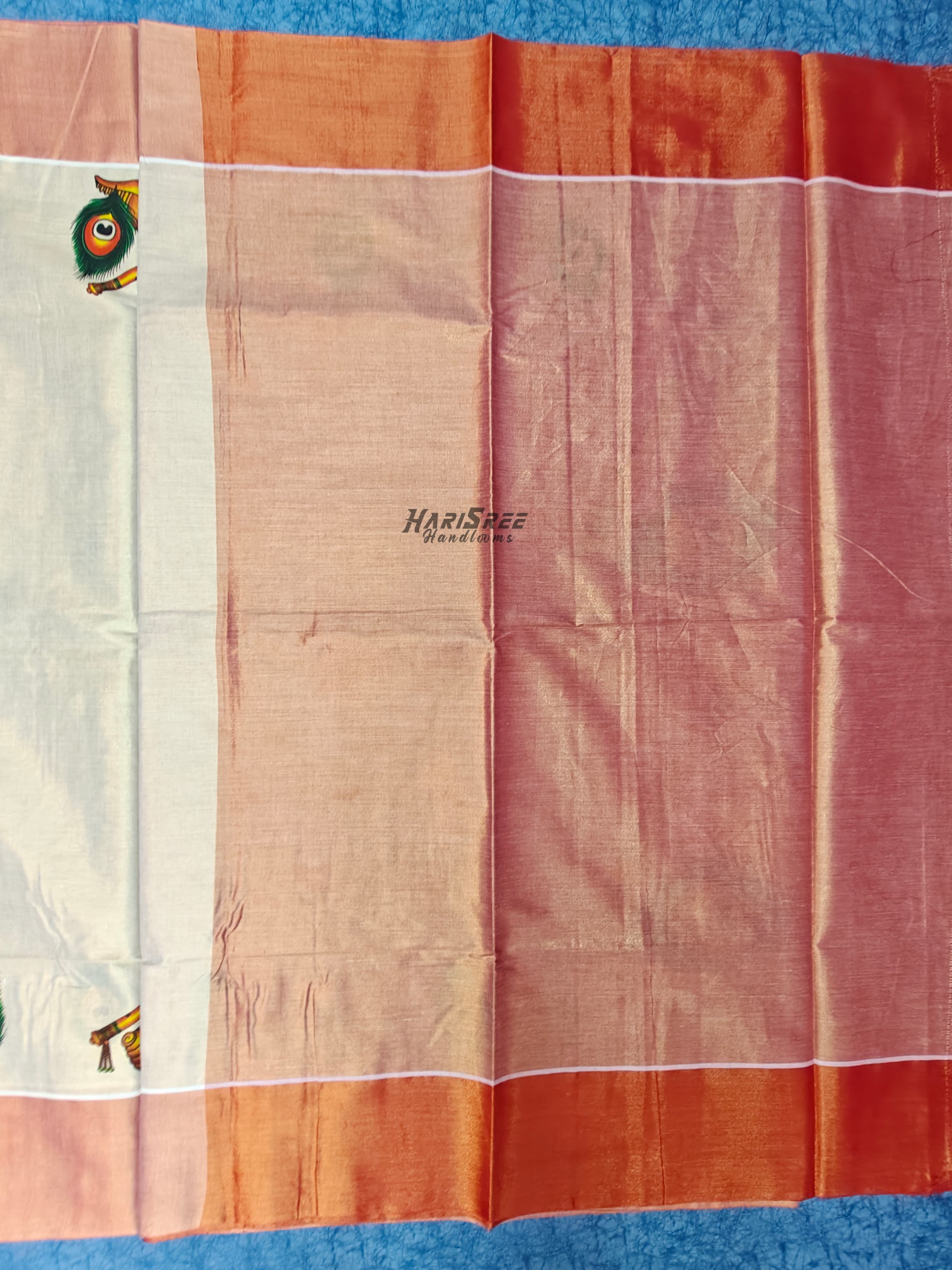 Kerala Kasavu Saree with Peach Border & Shankh Flute Motif Tissue Saree - PR104 - Image 2