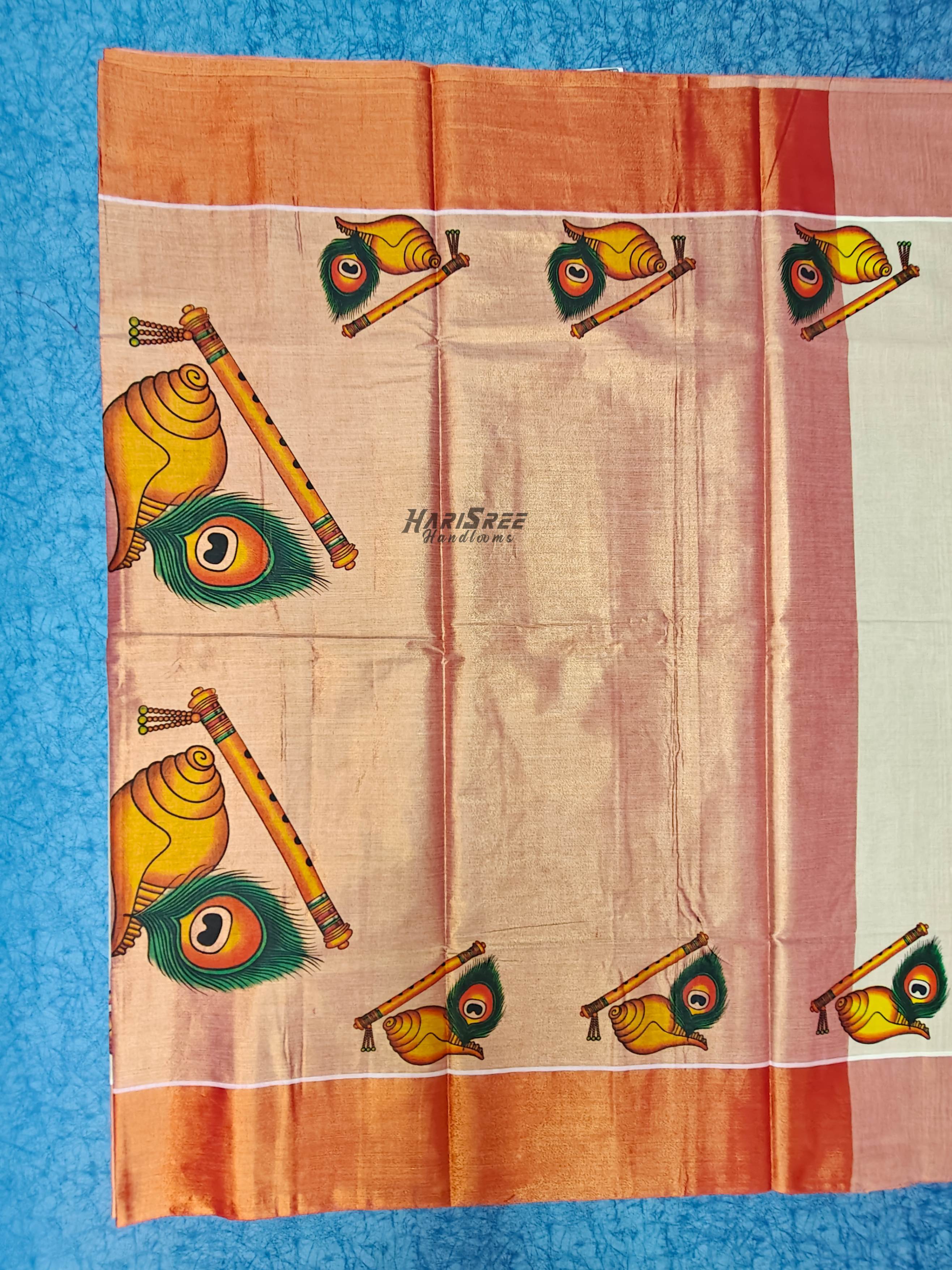 Kerala Kasavu Saree with Peach Border & Shankh Flute Motif Tissue Saree - PR104 - Image 3