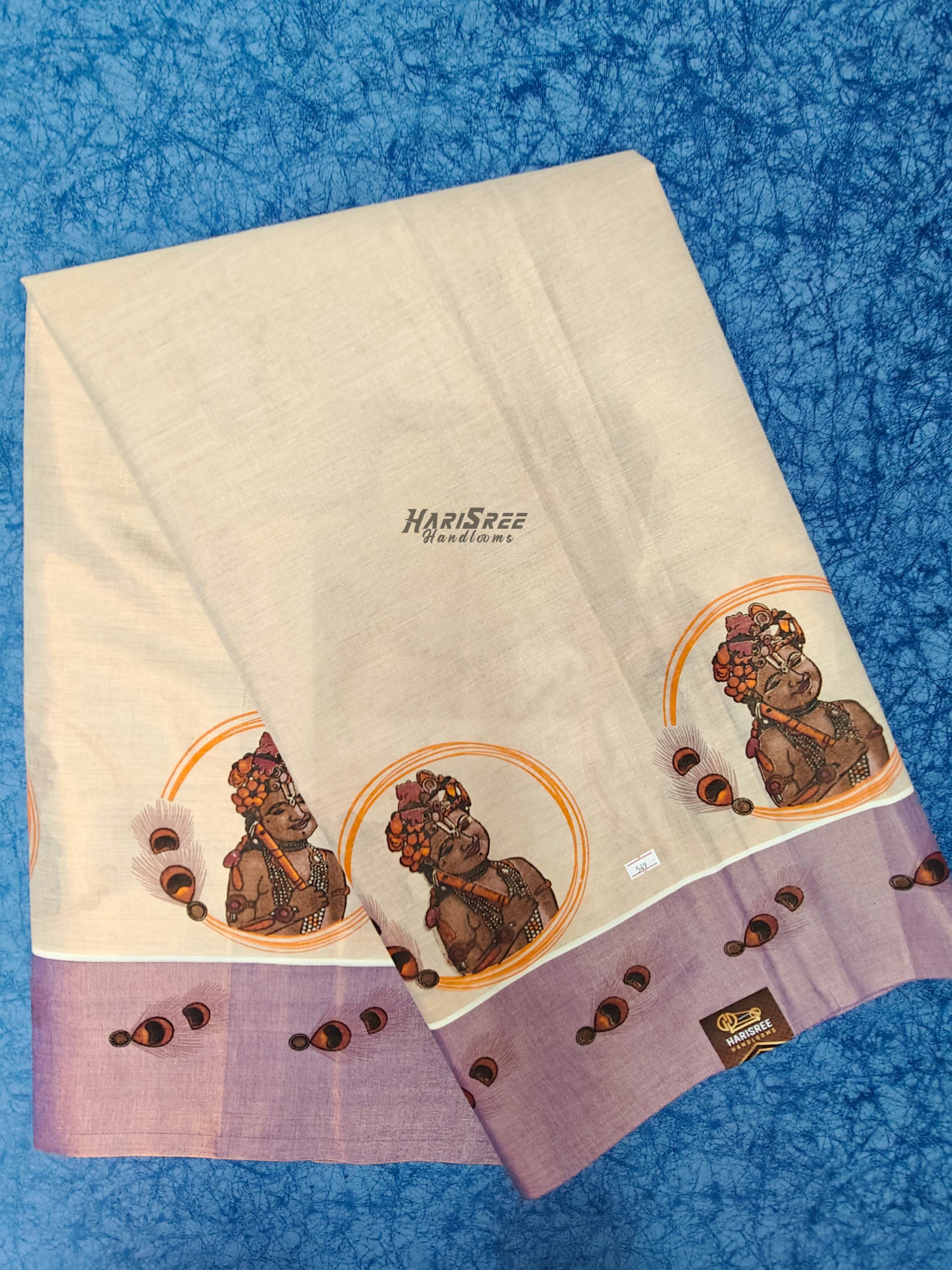 Kerala Kasavu Saree with Lavender Border & Krishna Flute Motif | Tissue Saree - PR105 - Image 1