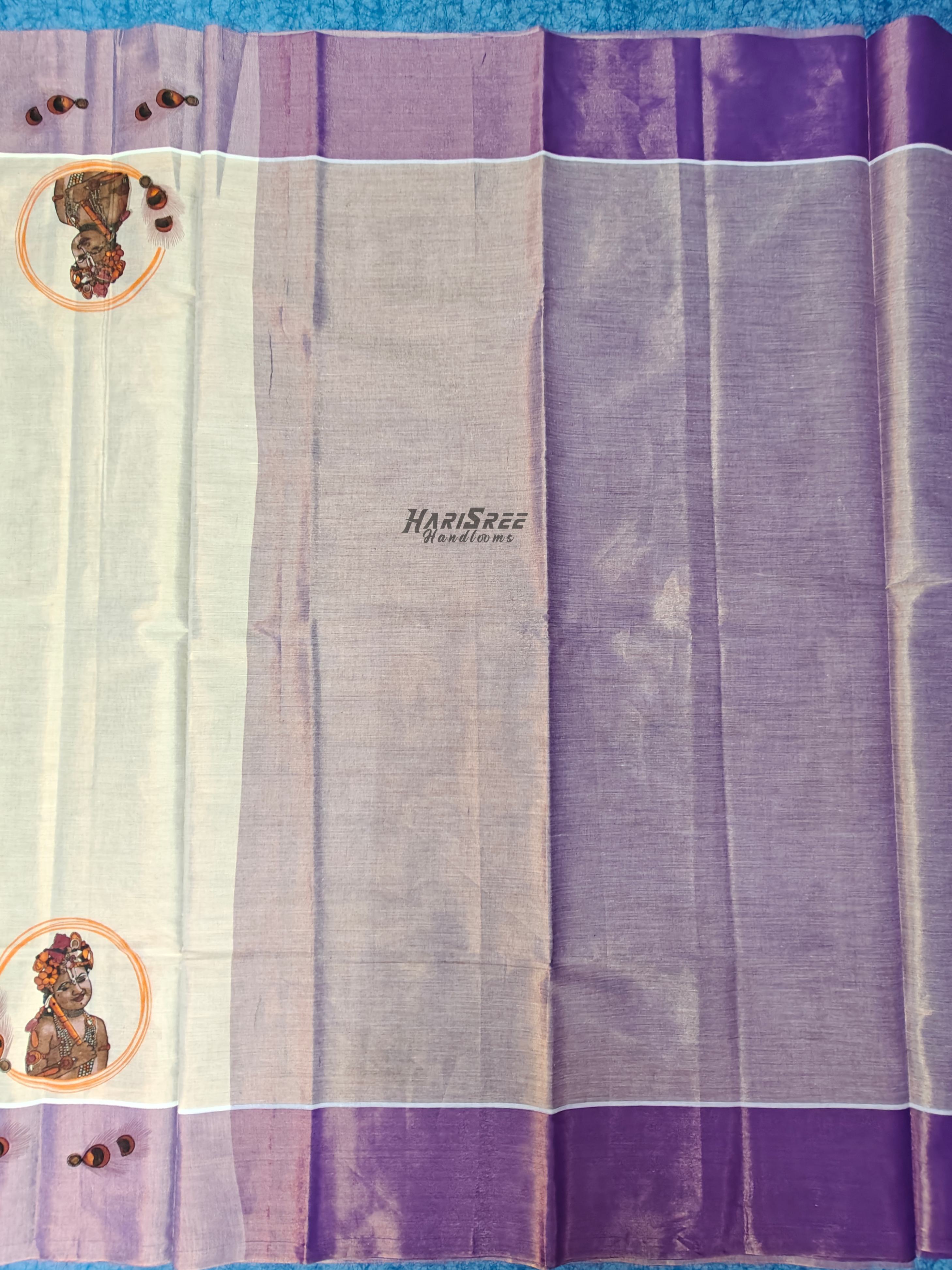Kerala Kasavu Saree with Lavender Border & Krishna Flute Motif | Tissue Saree - PR105 - Image 2