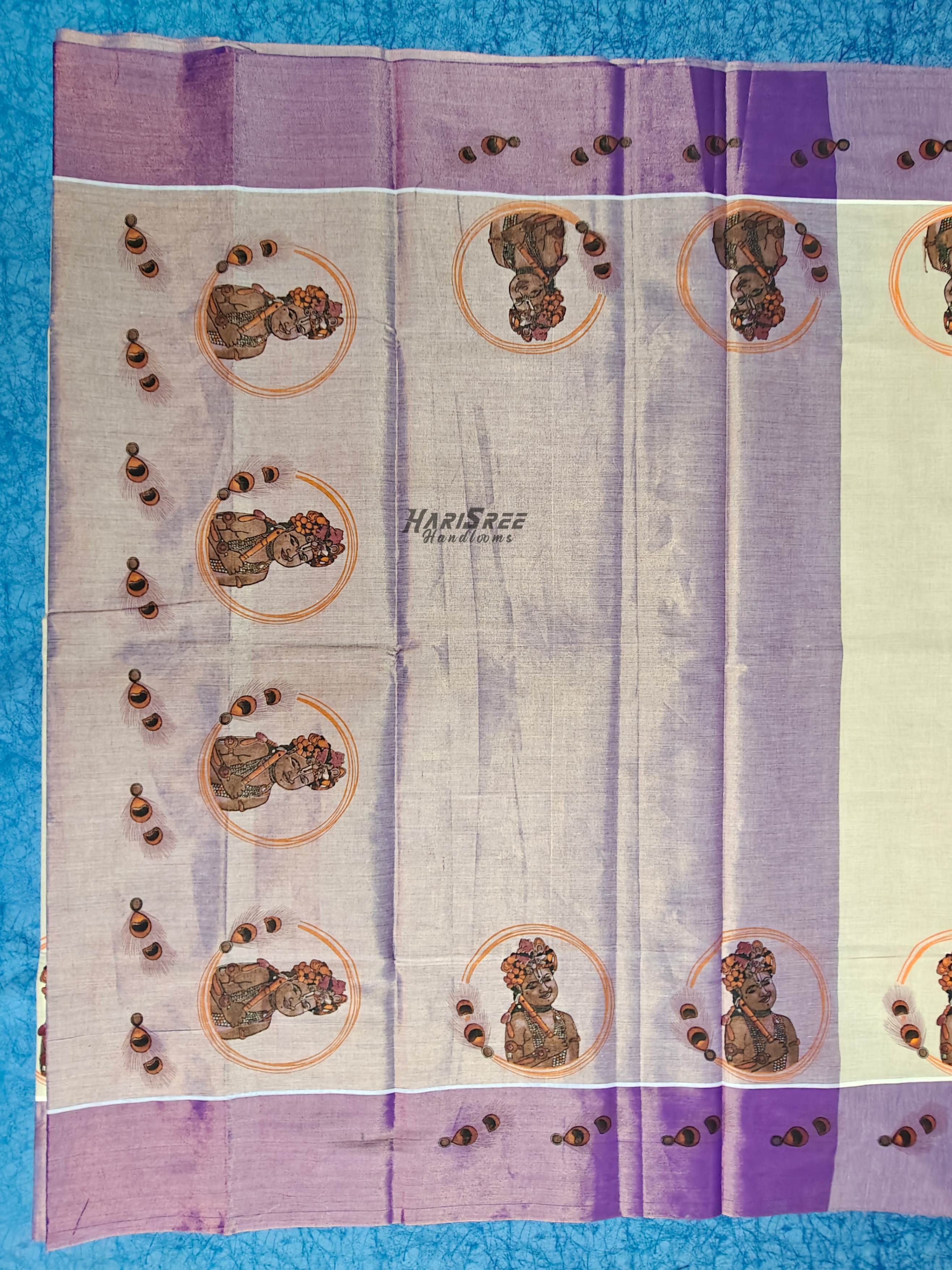 Kerala Kasavu Saree with Lavender Border & Krishna Flute Motif | Tissue Saree - PR105 - Image 3